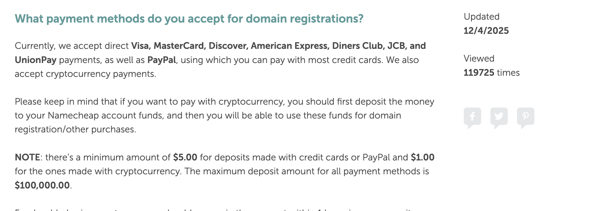 Namecheap knowledgebase article listing accepted payment methods as Visa, MasterCard, Discover, American Express, Diners Club, JCB, UnionPay, PayPal and cryptocurrency, with no UPI or RuPay, updated 4 December 2025