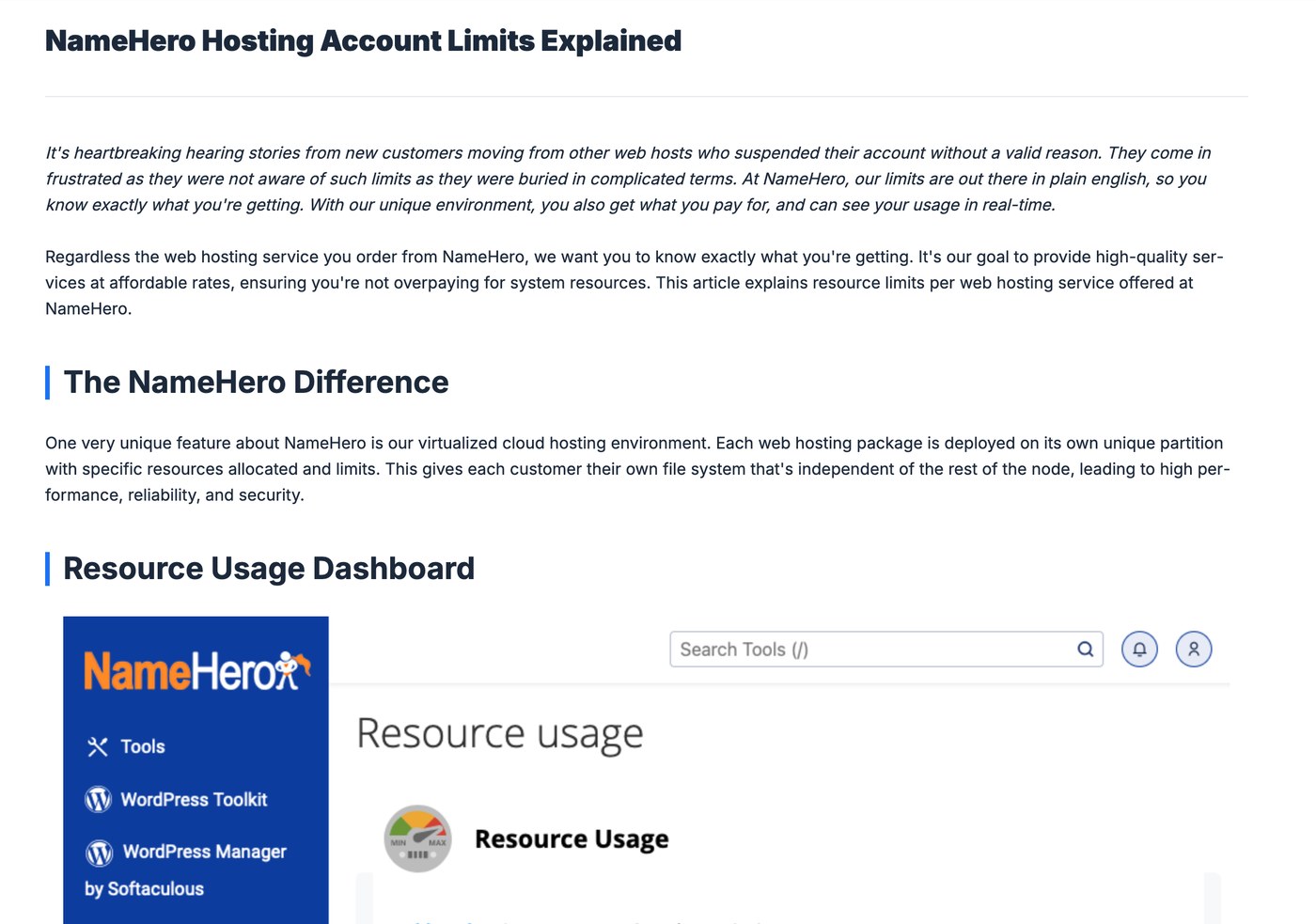 NameHero help centre article listing CPU, RAM and inode limits per hosting plan