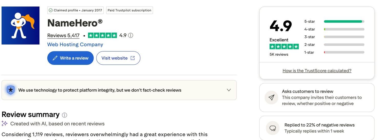 NameHero Trustpilot rating of 4.9 out of 5 from 5,417 reviews