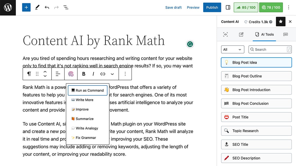 Rank Math Content AI writing assistant
