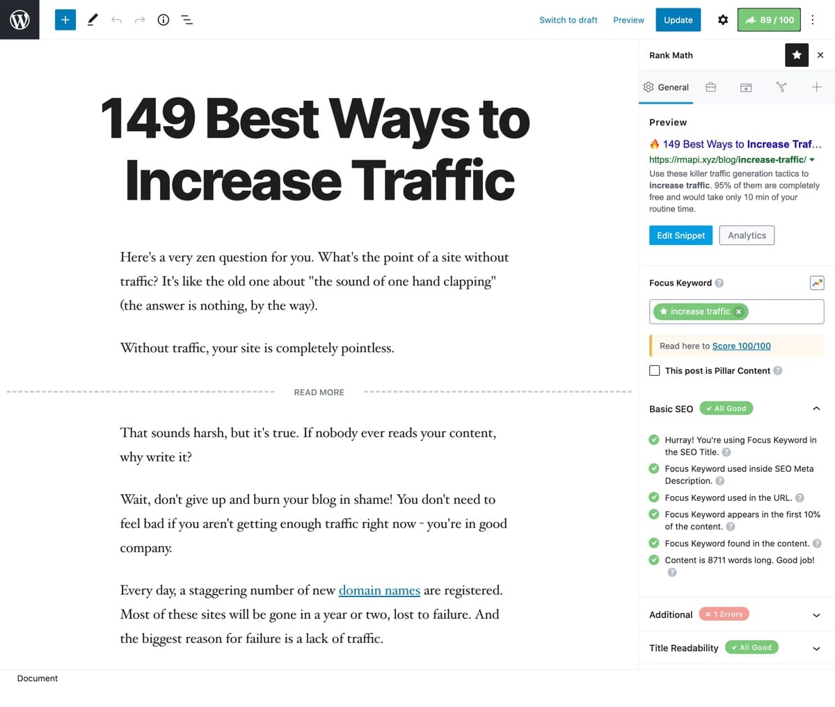 Rank Math Review 2026: Is Rank Math Pro Actually Worth It? Rank Math content analysis and SEO score inside the WordPress post editor