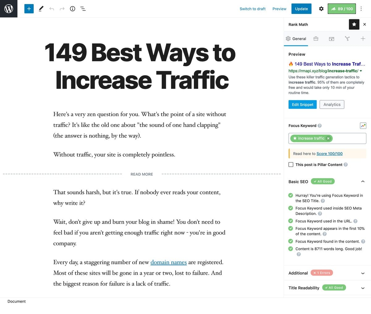 Rank Math vs Yoast 2026, Which SEO Plugin Is Actually Better? Rank Math post editor SEO score panel next to the WordPress block editor