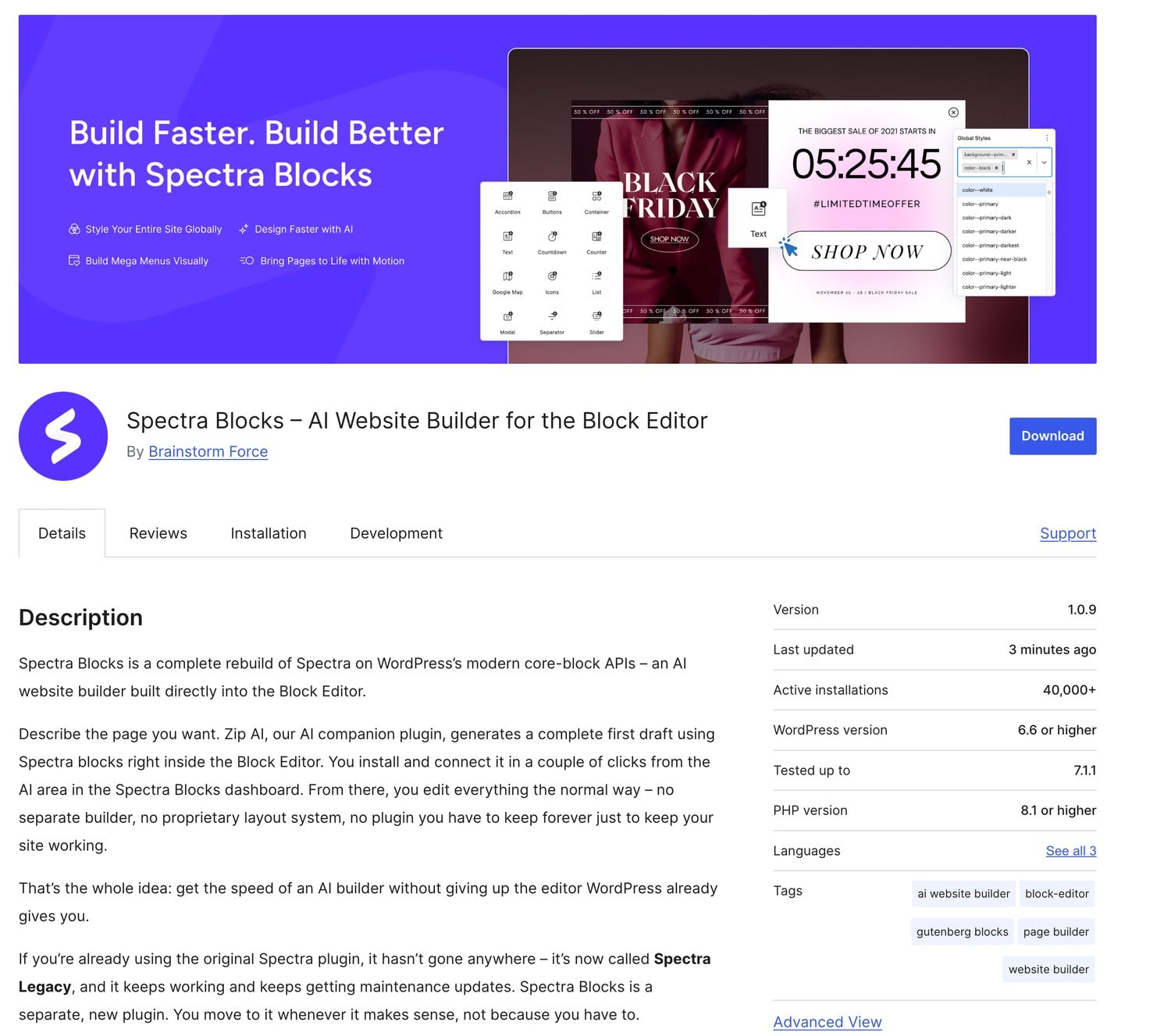 Spectra Blocks AI Website Builder on WordPress.org showing version 1.0.9 and 40,000 installs