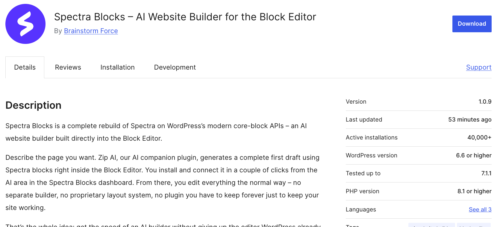 Kadence Blocks vs Spectra 2026, Which Block Plugin Wins? Spectra Blocks WordPress.org listing showing 40,000 active installations