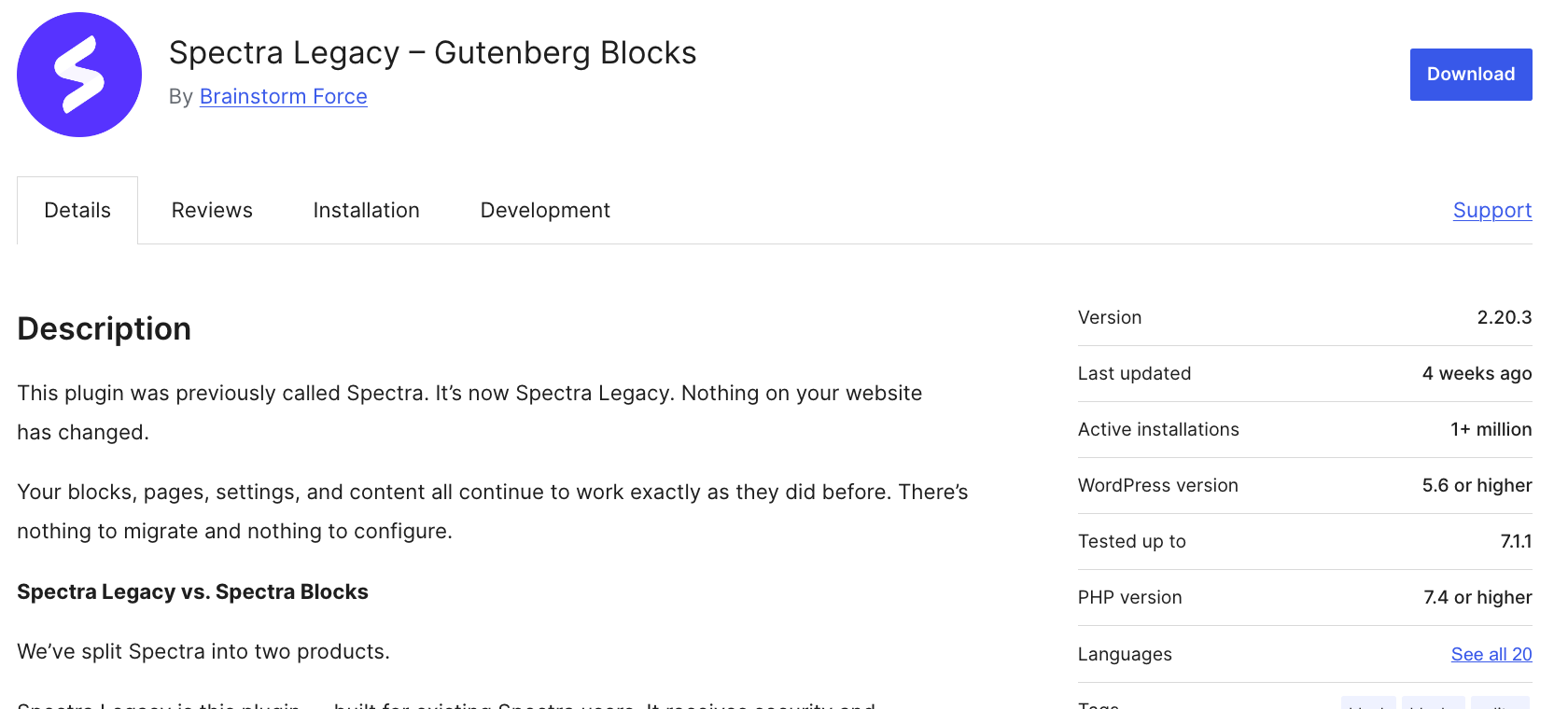 Kadence Blocks vs Spectra 2026, Which Block Plugin Wins? Spectra Legacy WordPress.org listing showing 1 million active installations