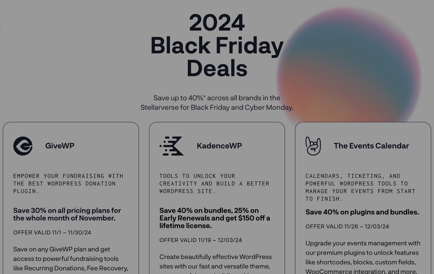 Kadence Black Friday 2026, Deal Status and Price Tracker StellarWP Black Friday page showing the KadenceWP 2024 offer of 40 percent off bundles