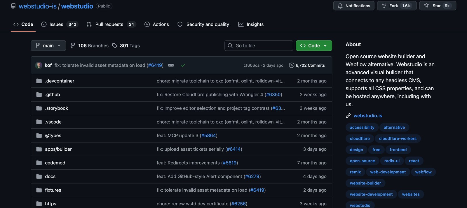 Webstudio GitHub repository showing stars, forks and recent commits