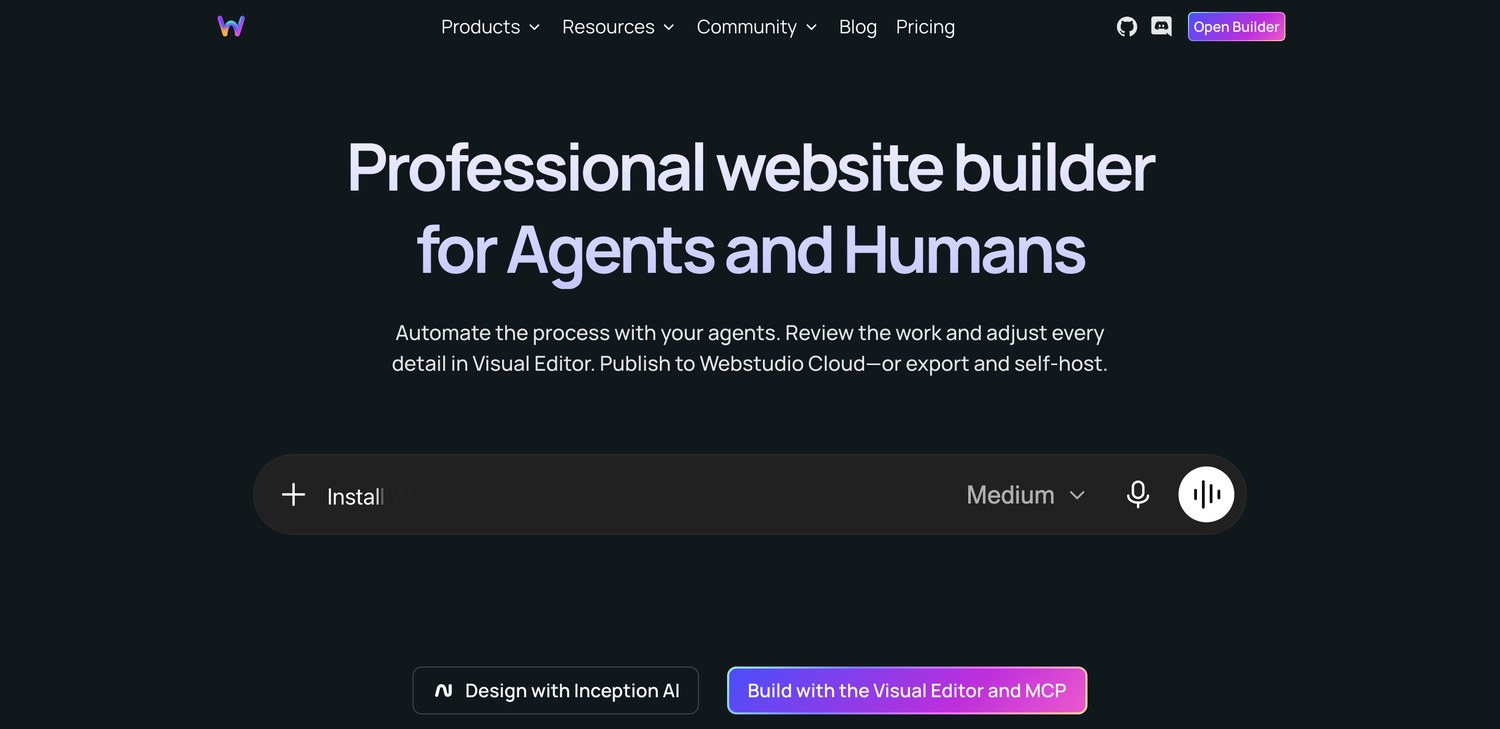 Webstudio homepage showing the visual editor and MCP agent workflow
