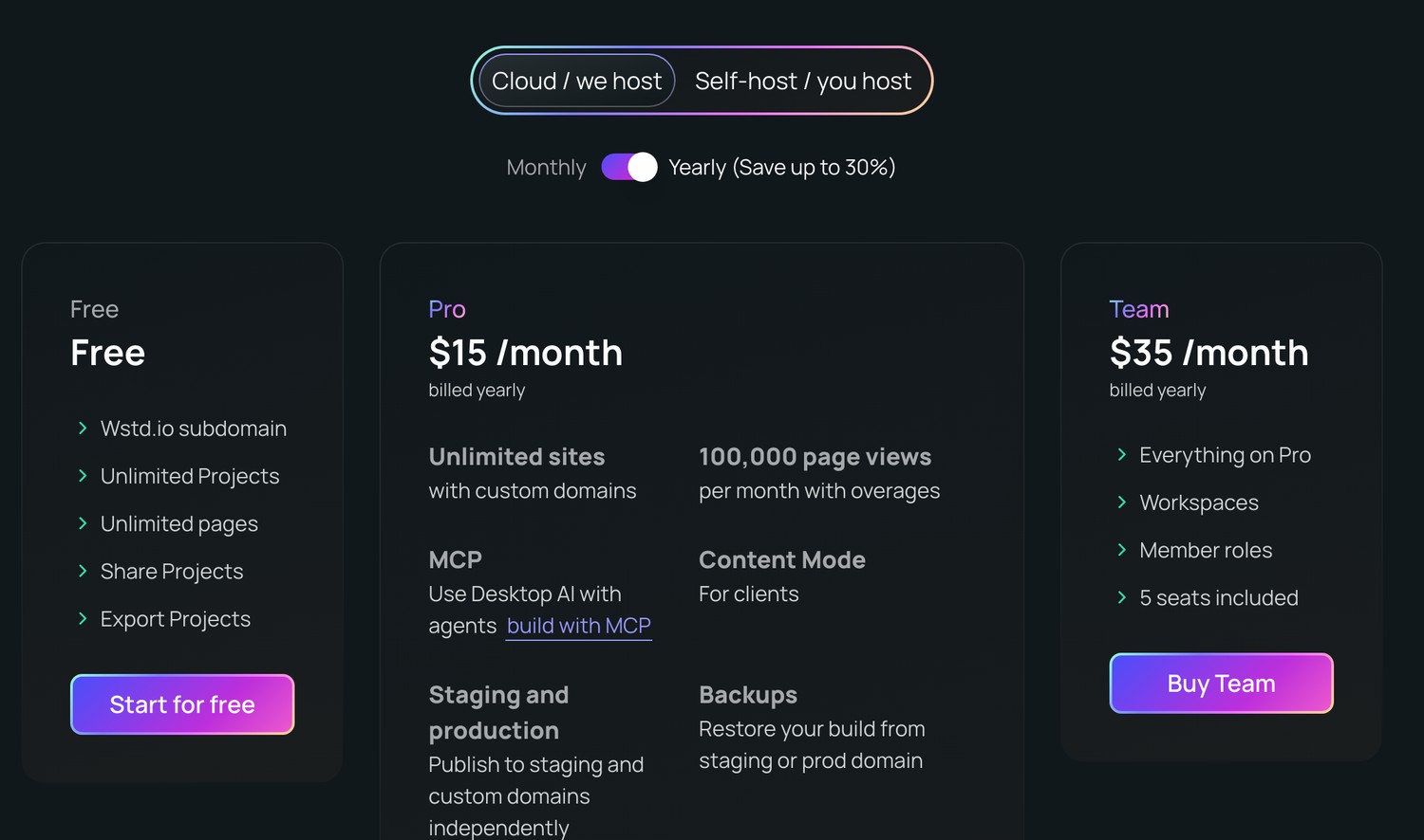 Webstudio Free, Pro and Team pricing plans in September 2026