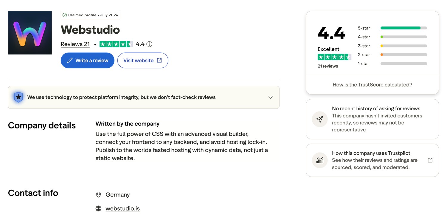 Webstudio Trustpilot rating of 4.4 out of 5 from 21 reviews