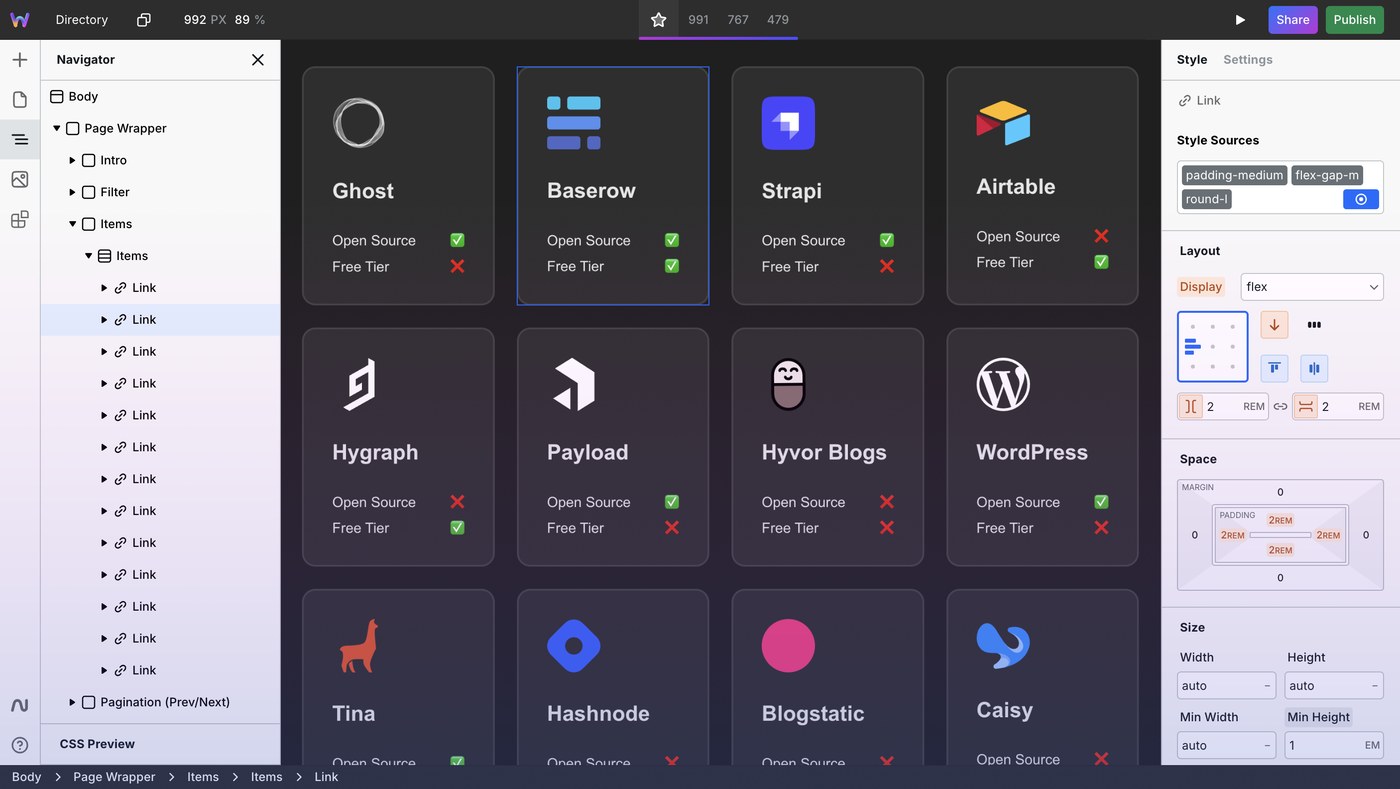 Webstudio visual builder interface showing the style panel and canvas