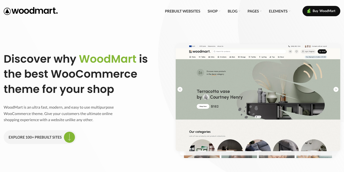 WoodMart Black Friday 2026, No Sale and the Real Price WoodMart demo site homepage describing it as an ultra fast multipurpose WooCommerce theme with over 100 prebuilt websites