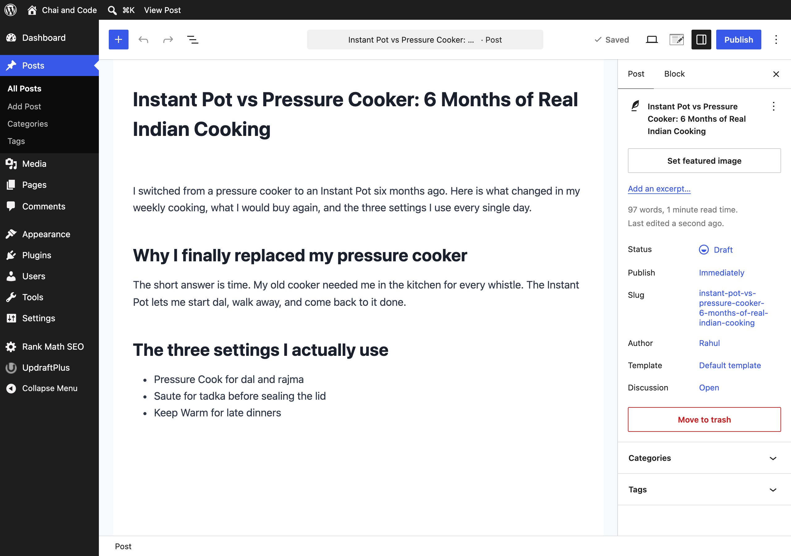 The WordPress block editor with a draft blog post, short intro paragraph and question style headings