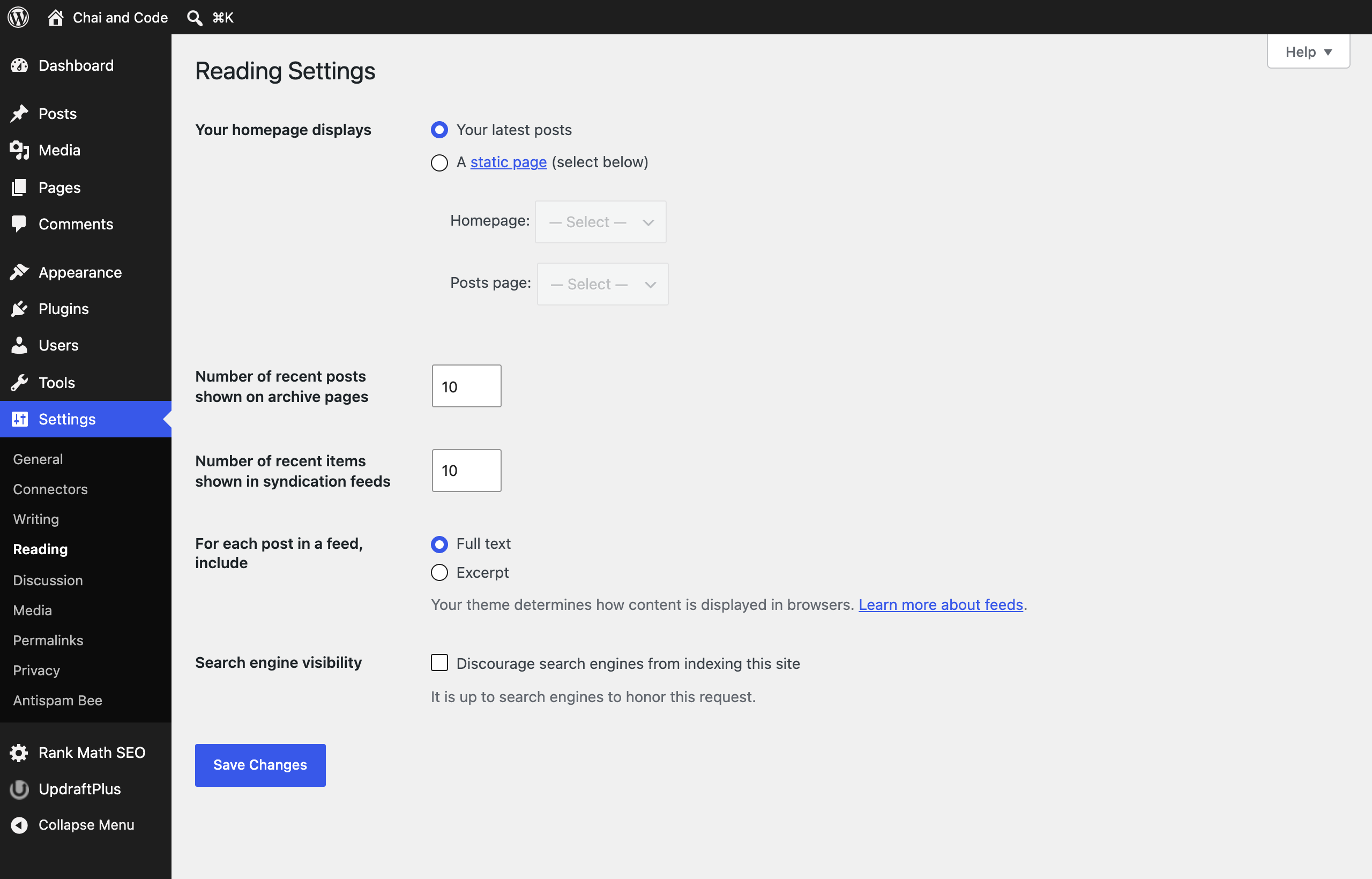WordPress Reading Settings showing the Discourage search engines from indexing this site checkbox unticked