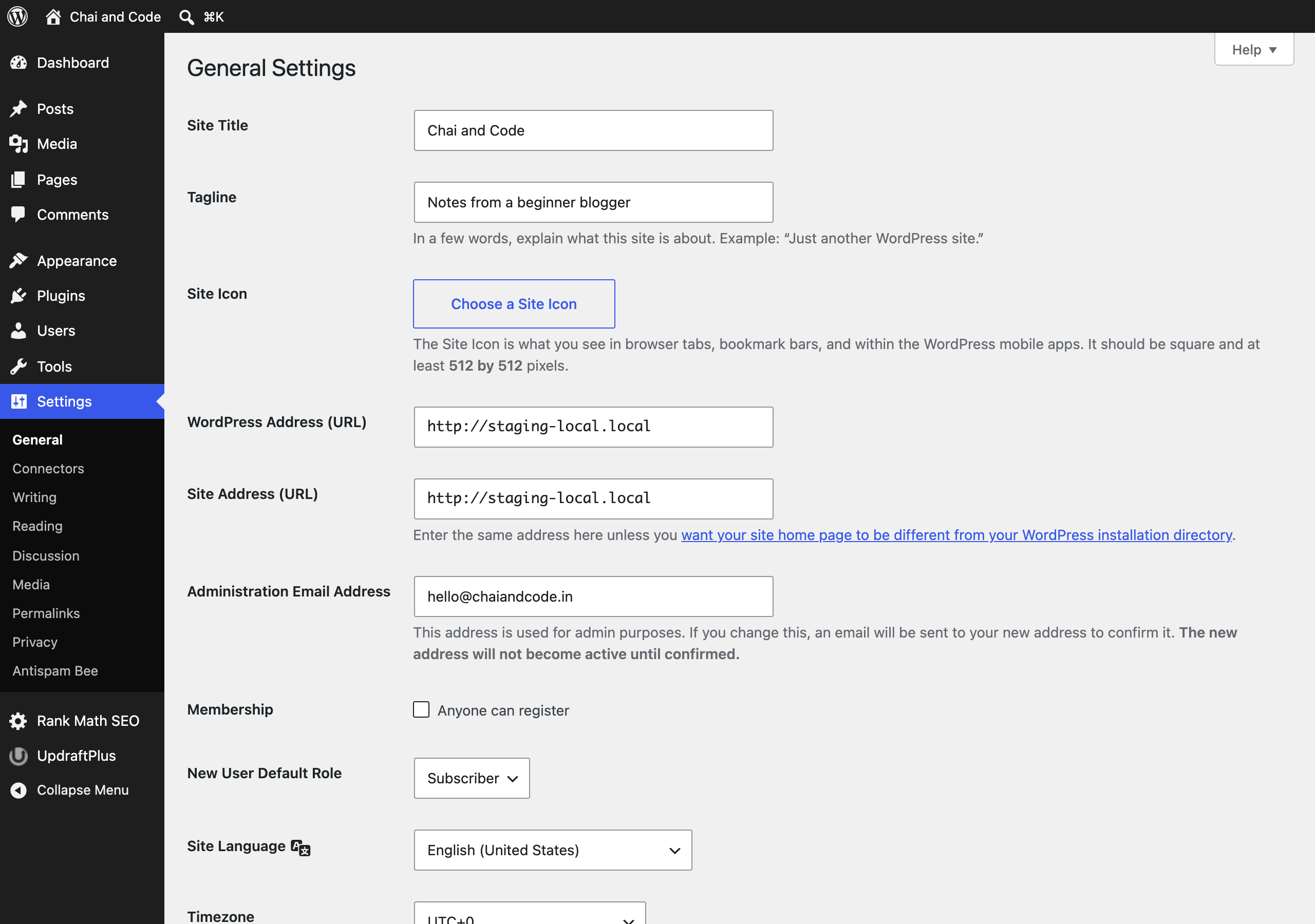 WordPress General Settings screen showing site title, tagline and admin email fields