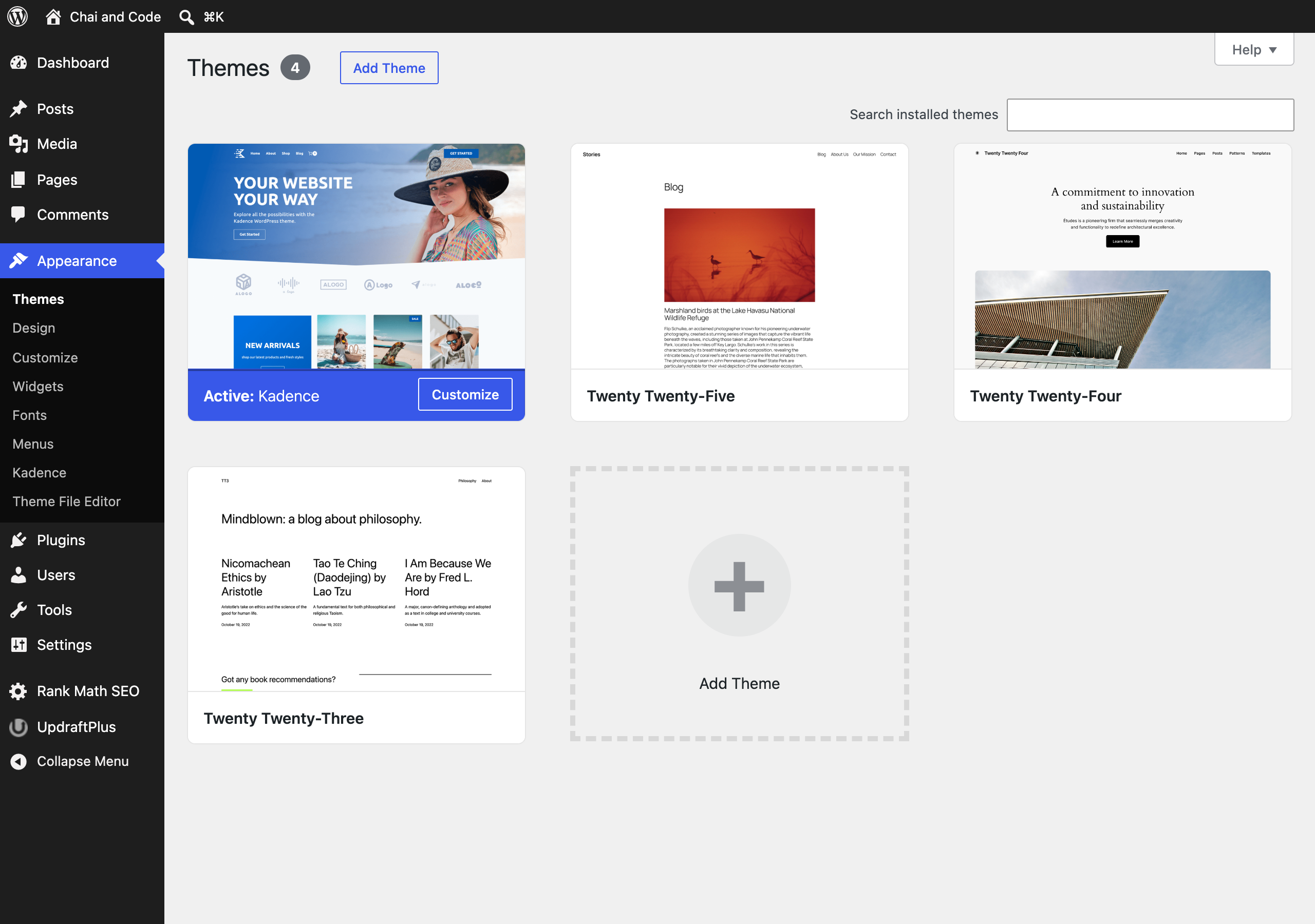 WordPress Themes screen with the Kadence theme installed and active
