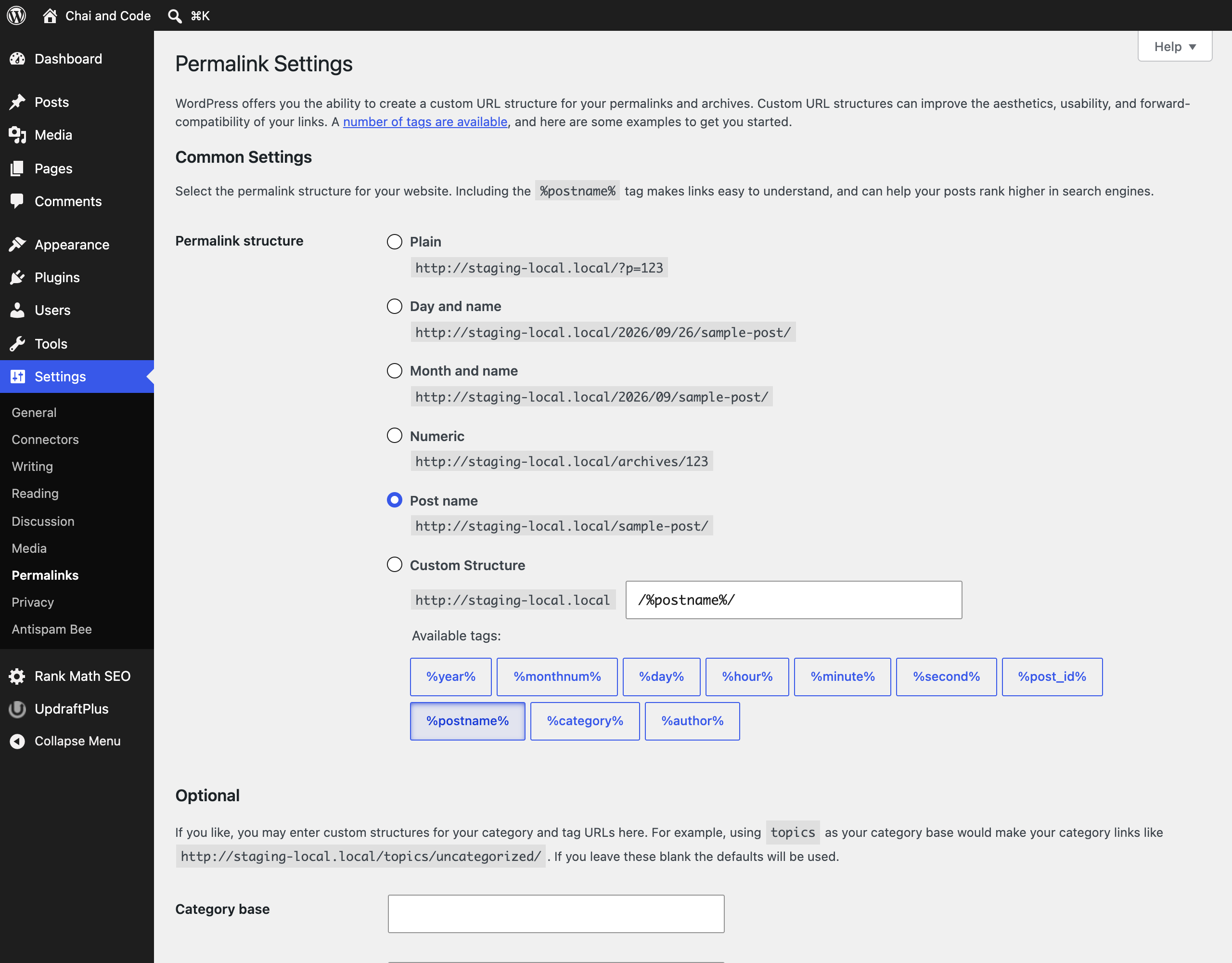 WordPress Permalink Settings with the Post name structure selected