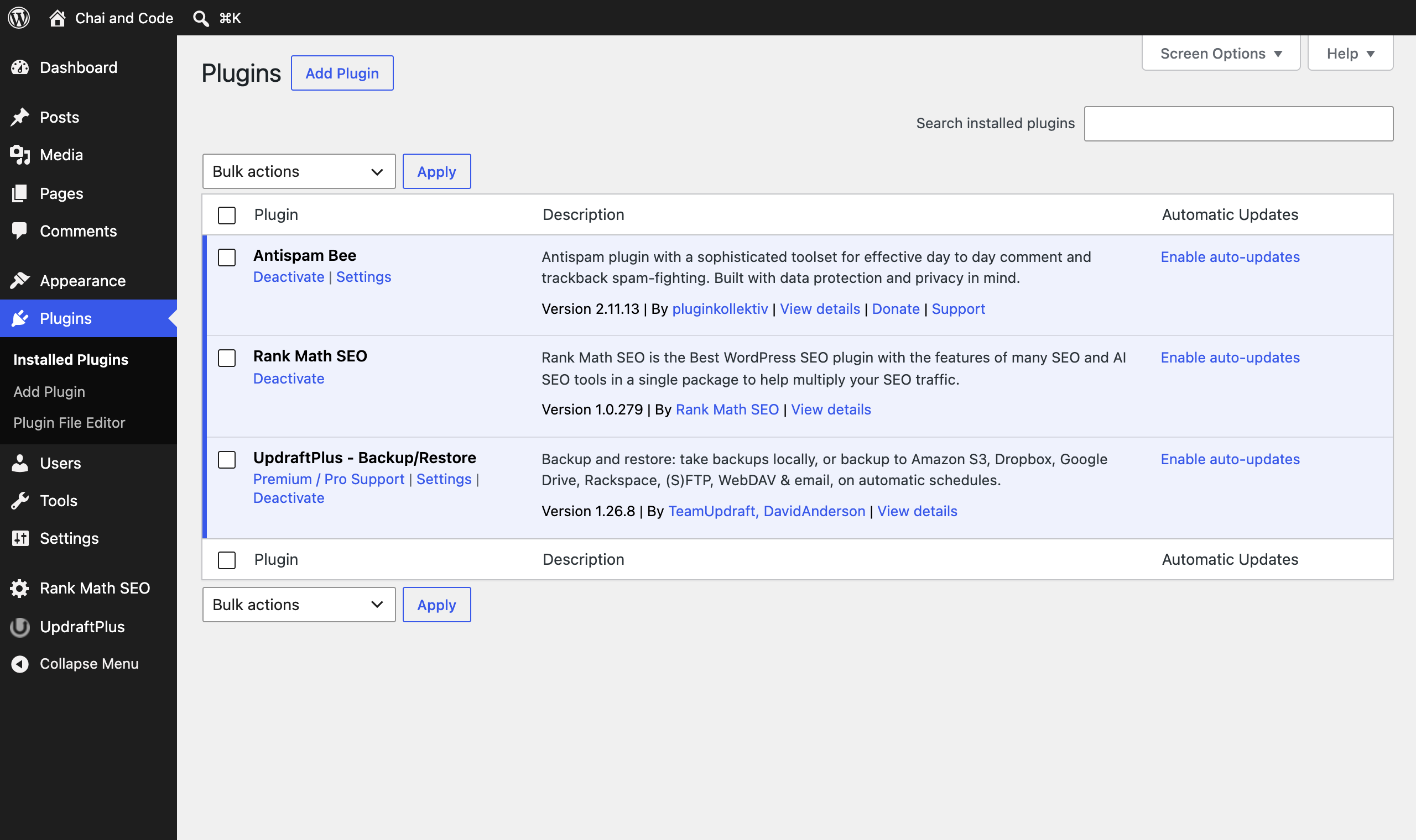 WordPress Plugins screen showing a lean starter stack of Antispam Bee, Rank Math SEO and UpdraftPlus