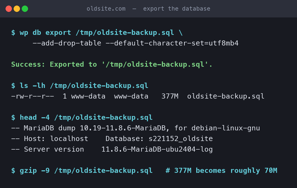WordPress Migration to Any Host: 2 Methods, Tested on a 3.6 GB Site wp db export producing a 377 MB dump