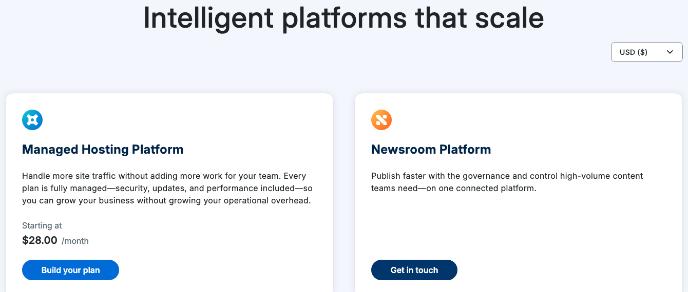 WP Engine plans page showing the Managed Hosting Platform starting at 28 dollars a month with a Build your plan button, beside the Newsroom Platform sold by enquiry