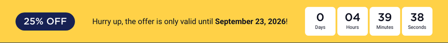 WP Rocket Black Friday 2026, and the Coupon That Costs More WP Rocket site banner reading 25 percent off, hurry up the offer is only valid until September 23 2026, with a live countdown timer