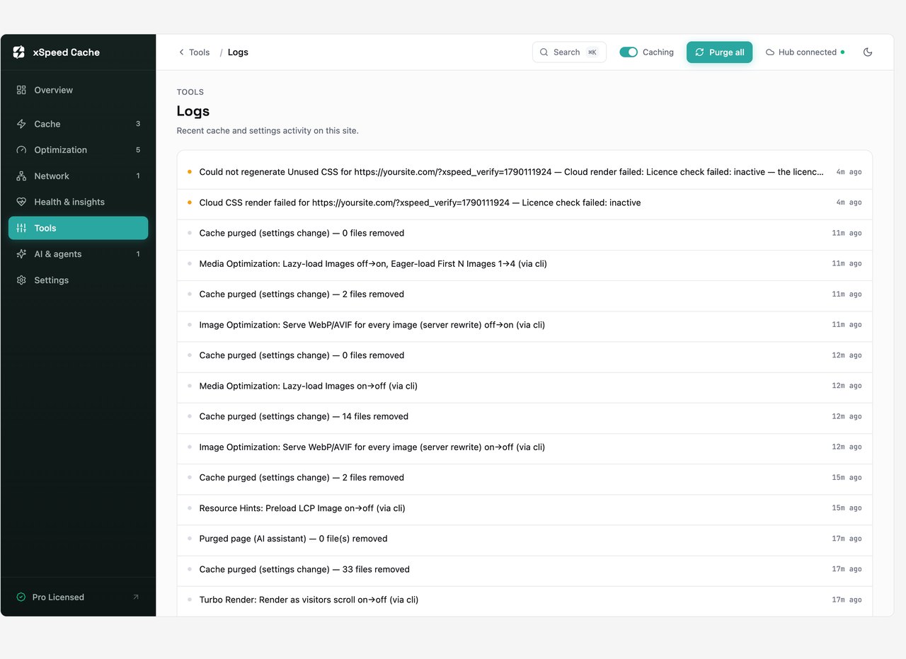 xSpeed Cache activity log attributing each change to the dashboard, CLI or AI assistant