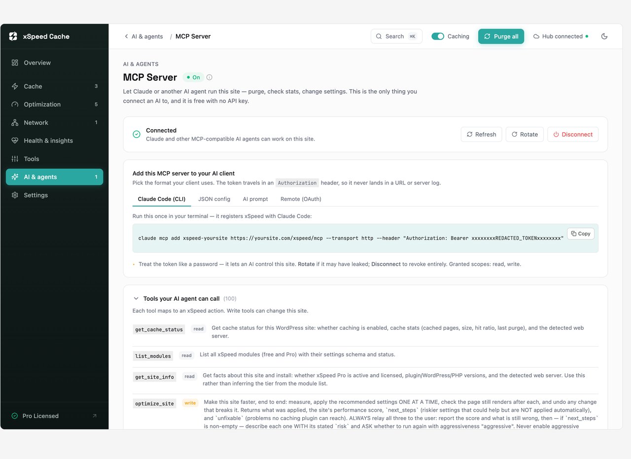xSpeed Cache MCP server tool list showing the tools an AI agent can call