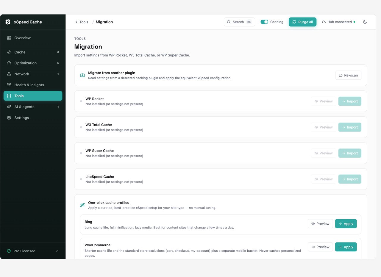xSpeed Cache migration tool importing settings from WP Rocket and other cache plugins