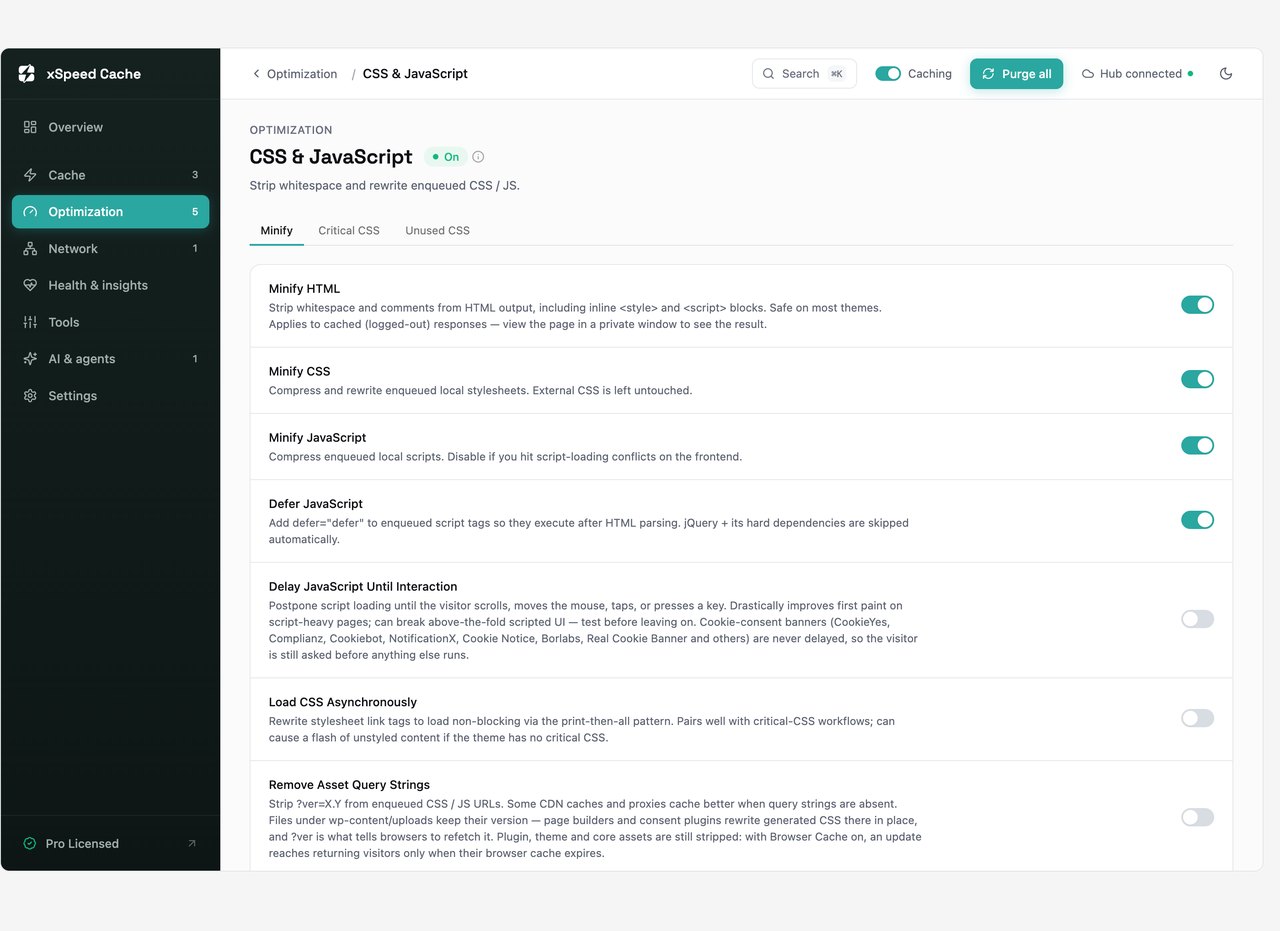 xSpeed Cache CSS and JavaScript settings for minify, combine and defer