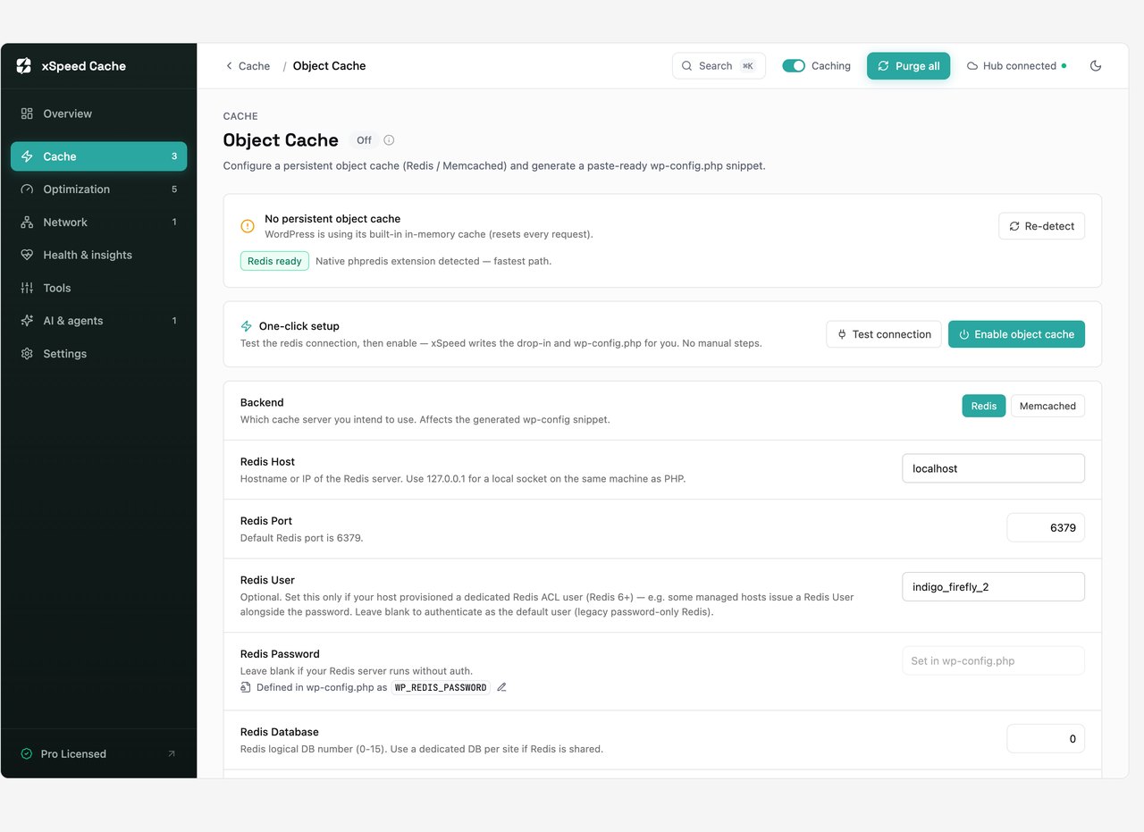 xSpeed Cache object cache settings for Redis and Memcached