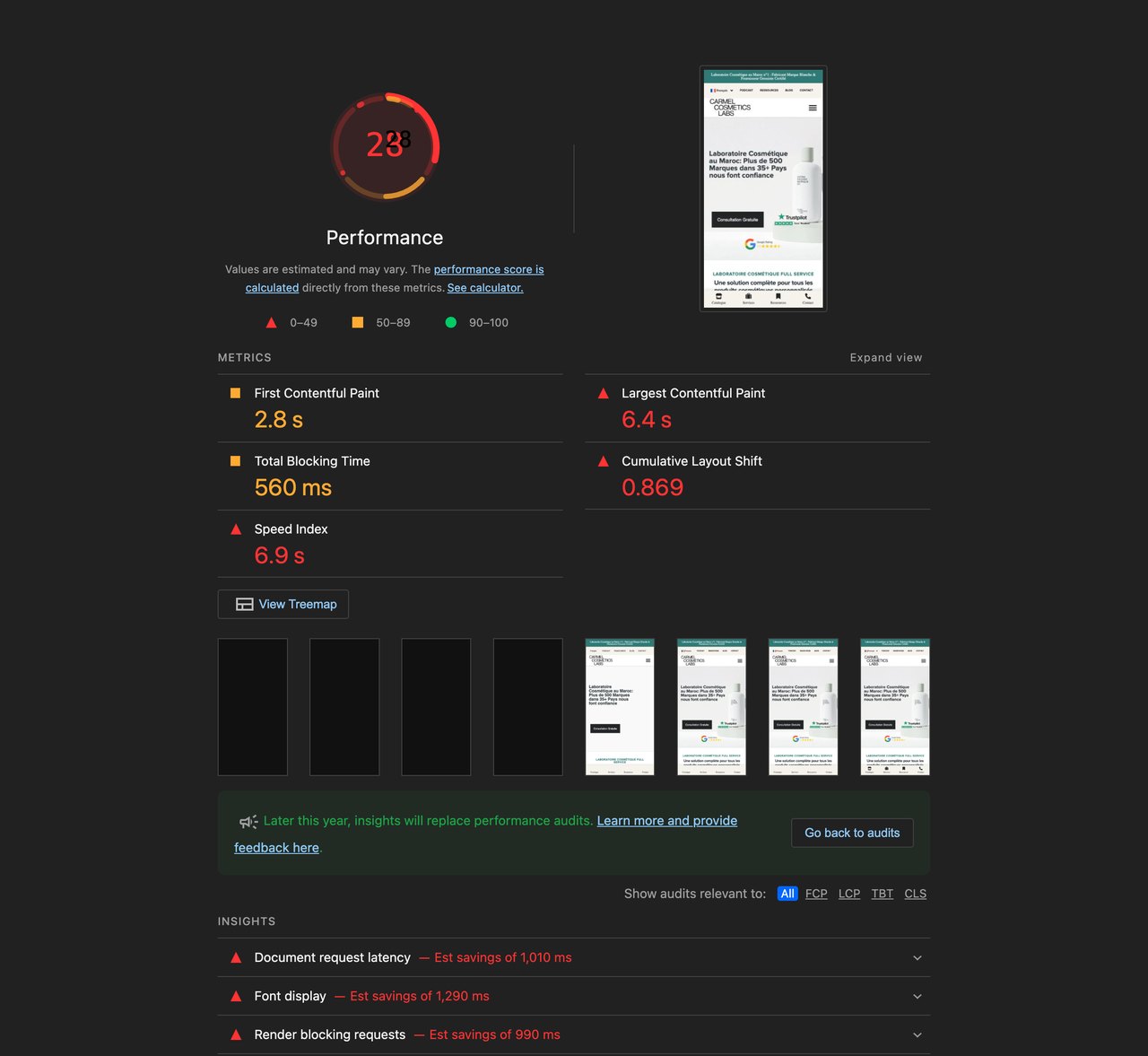 Lighthouse report with every xSpeed feature on showing a score of 28 and cumulative layout shift of 0.869