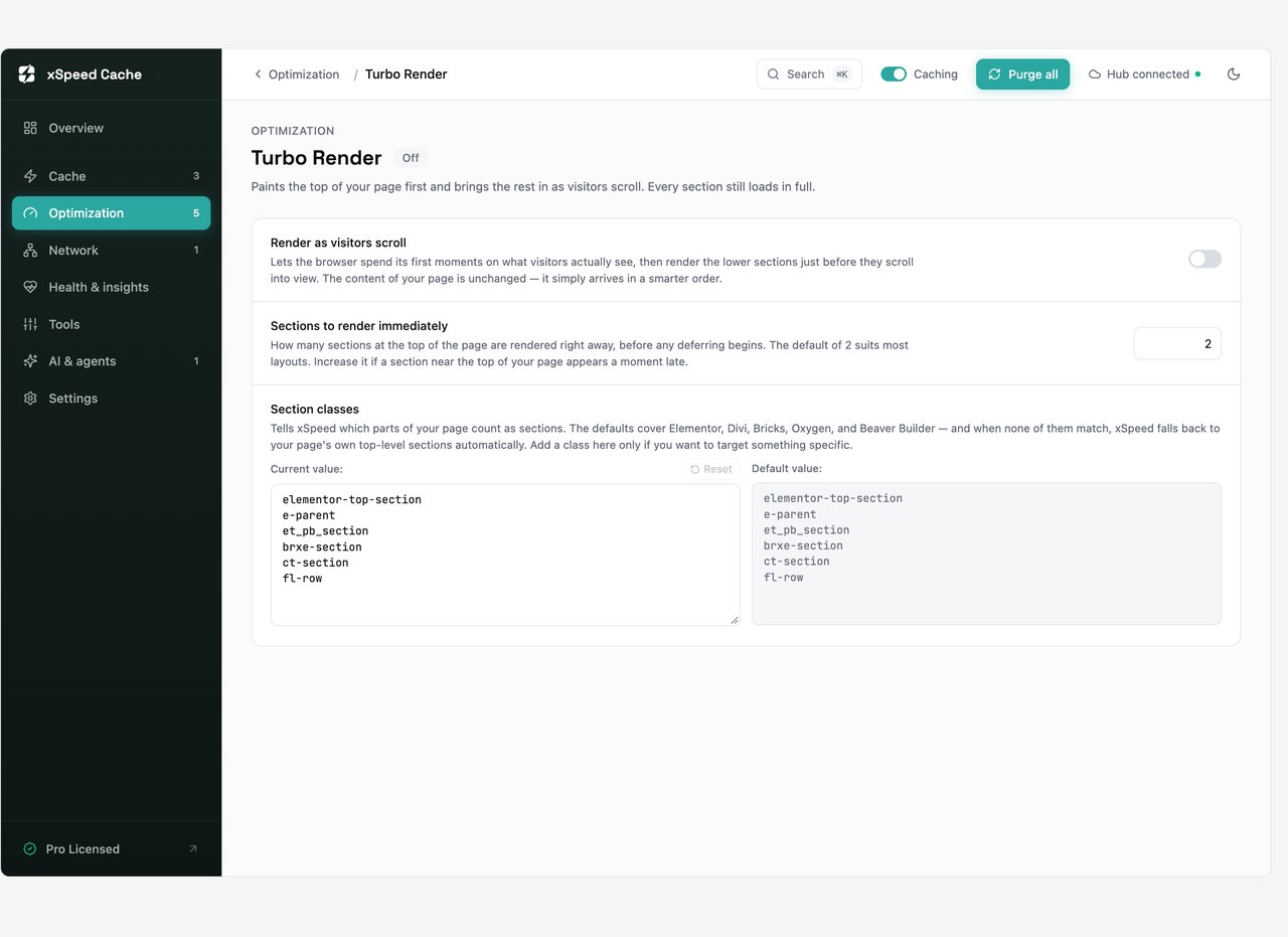 xSpeed Cache Turbo Render settings that defer offscreen sections