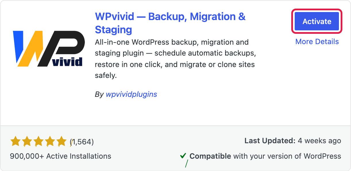 Activate button on the WPvivid Backup, Migration and Staging plugin card