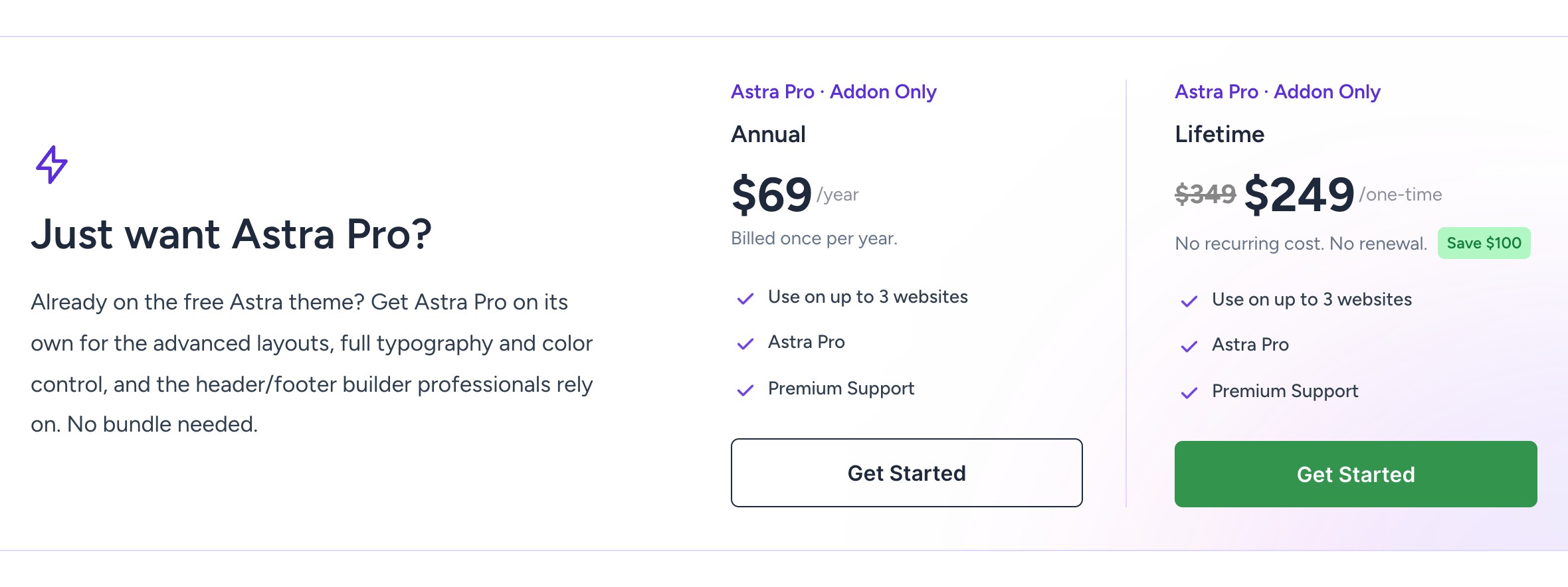 Astra Pro addon pricing, $69 a year or $249 lifetime for 3 websites