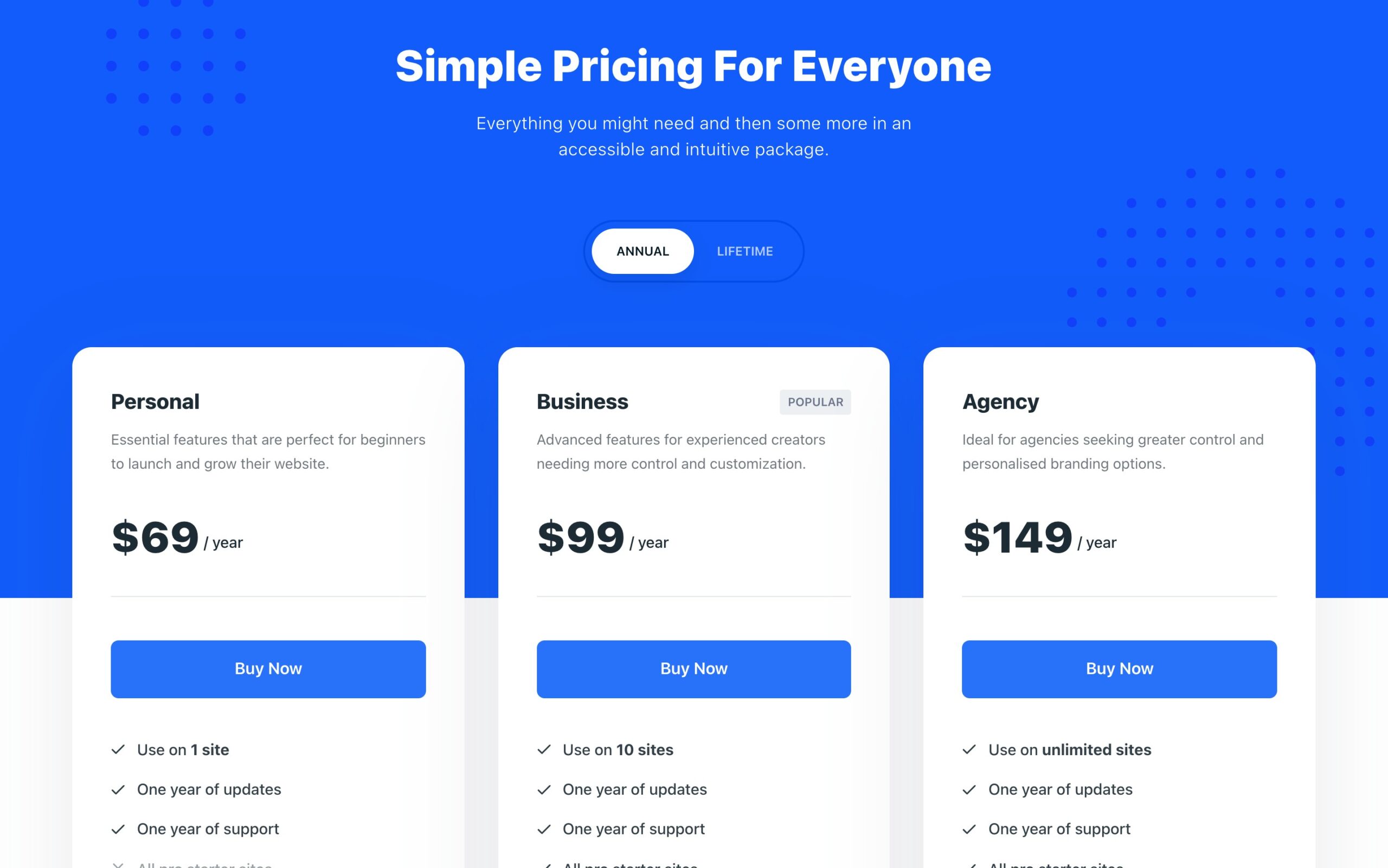 Blocksy Pro pricing, Personal $69, Business $99 and Agency $149 a year
