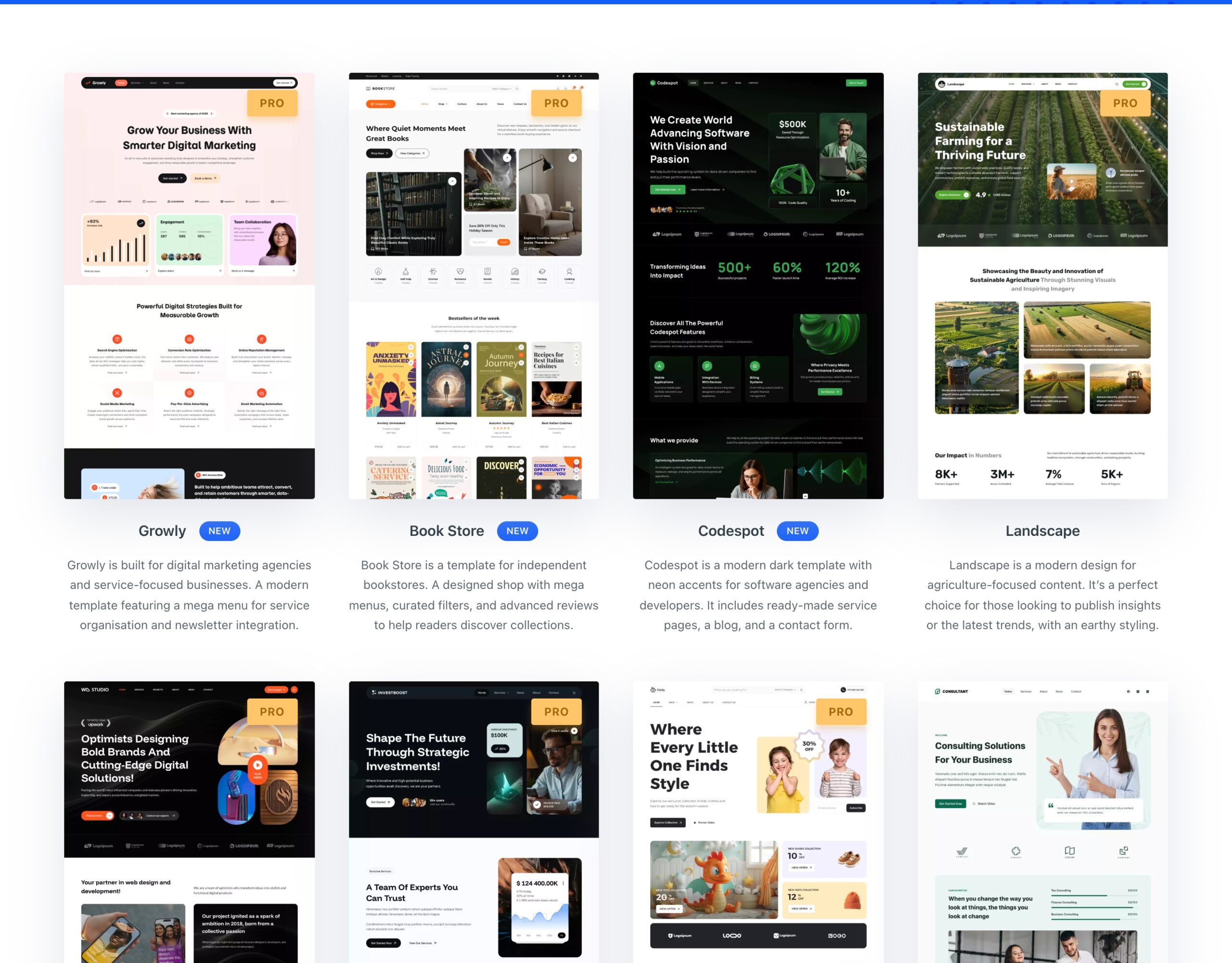 Blocksy starter site templates, free and Pro
