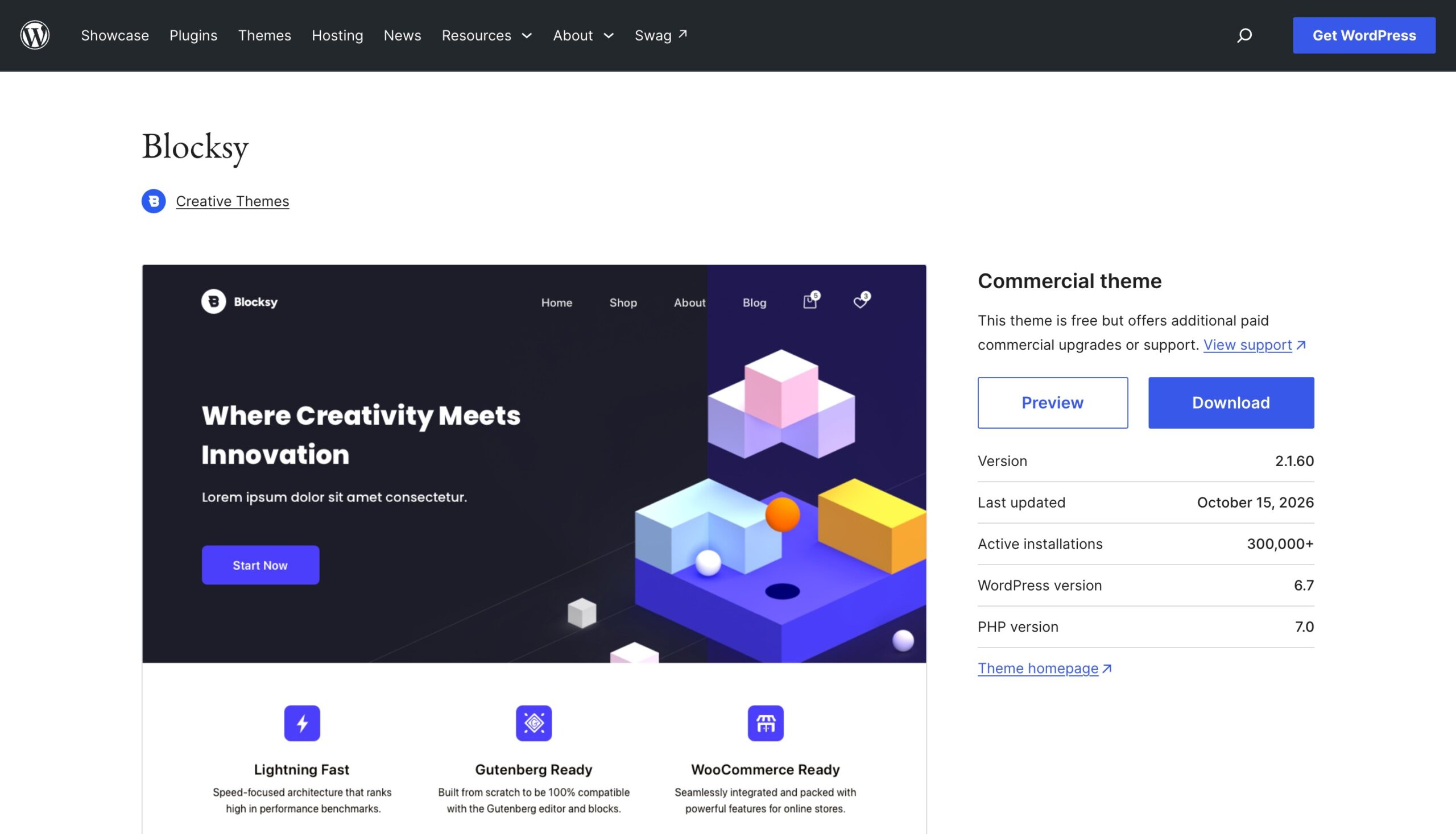 Blocksy theme listing on WordPress.org with 300,000+ active installations