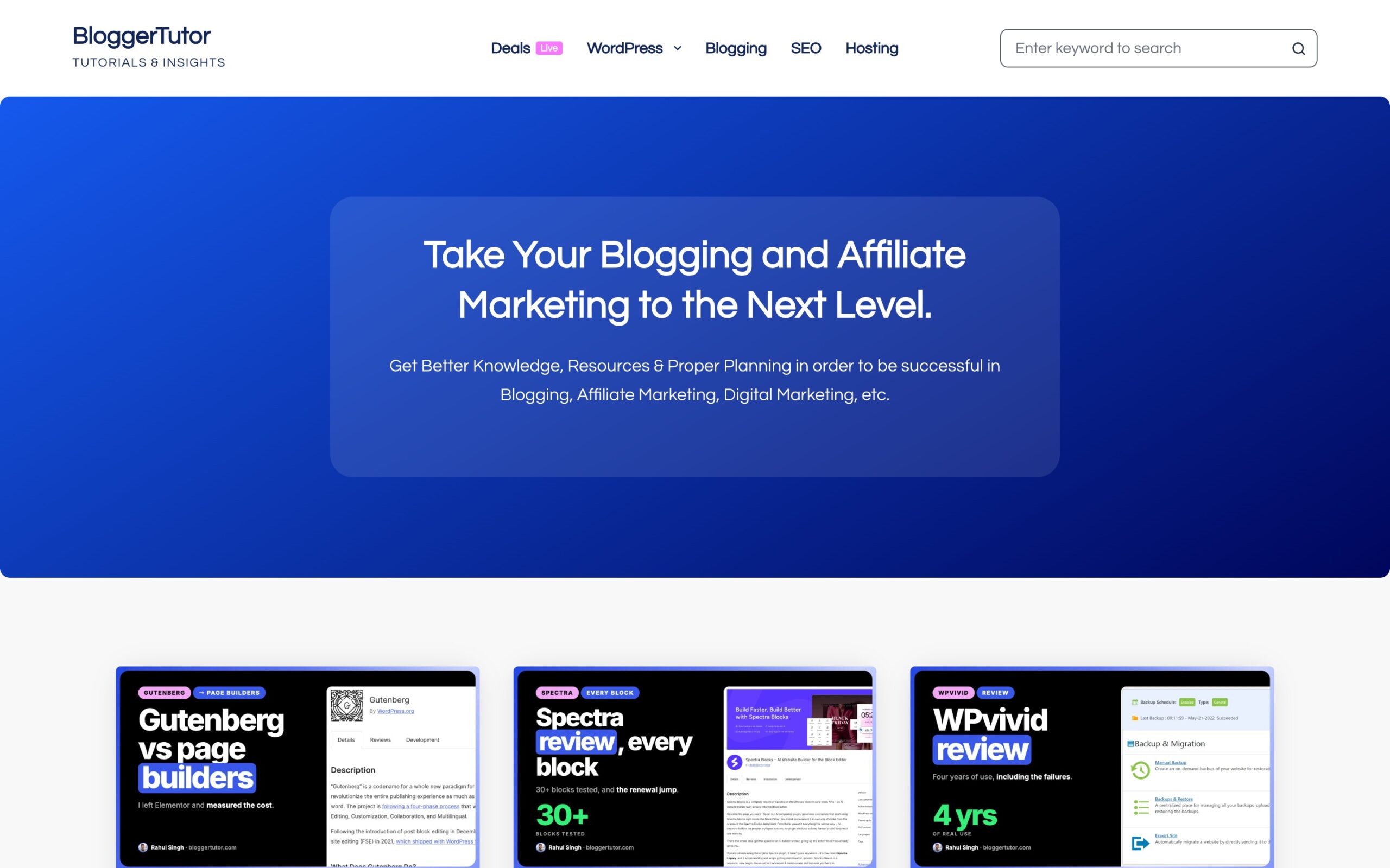 The bloggertutor.com home page, built on the Blocksy theme