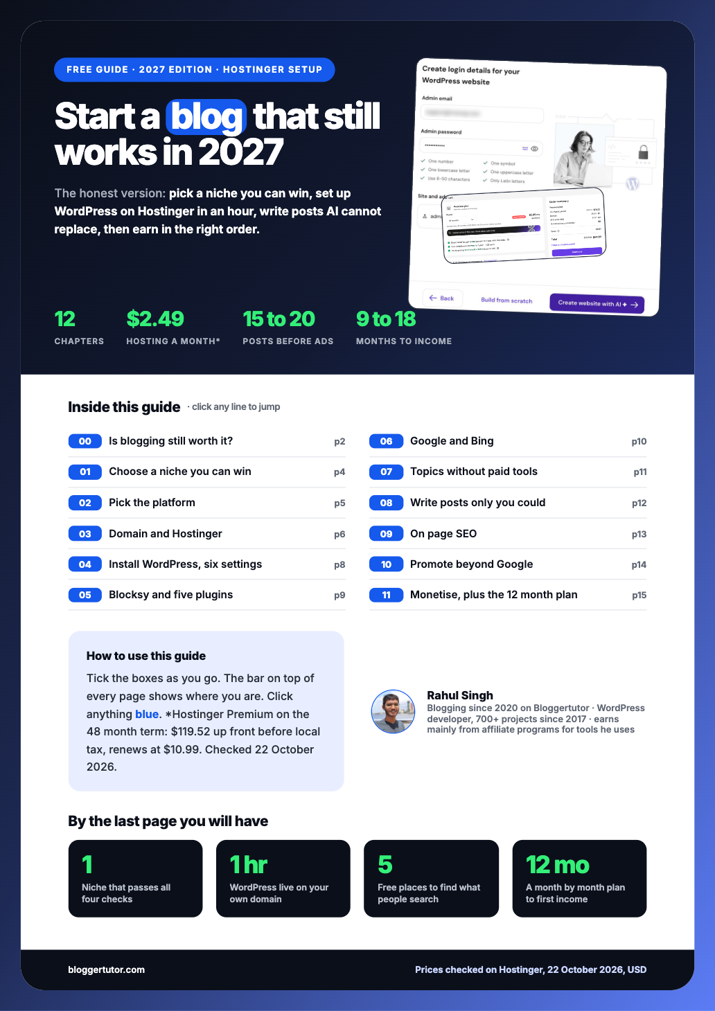 Cover of the free complete blogging guide PDF