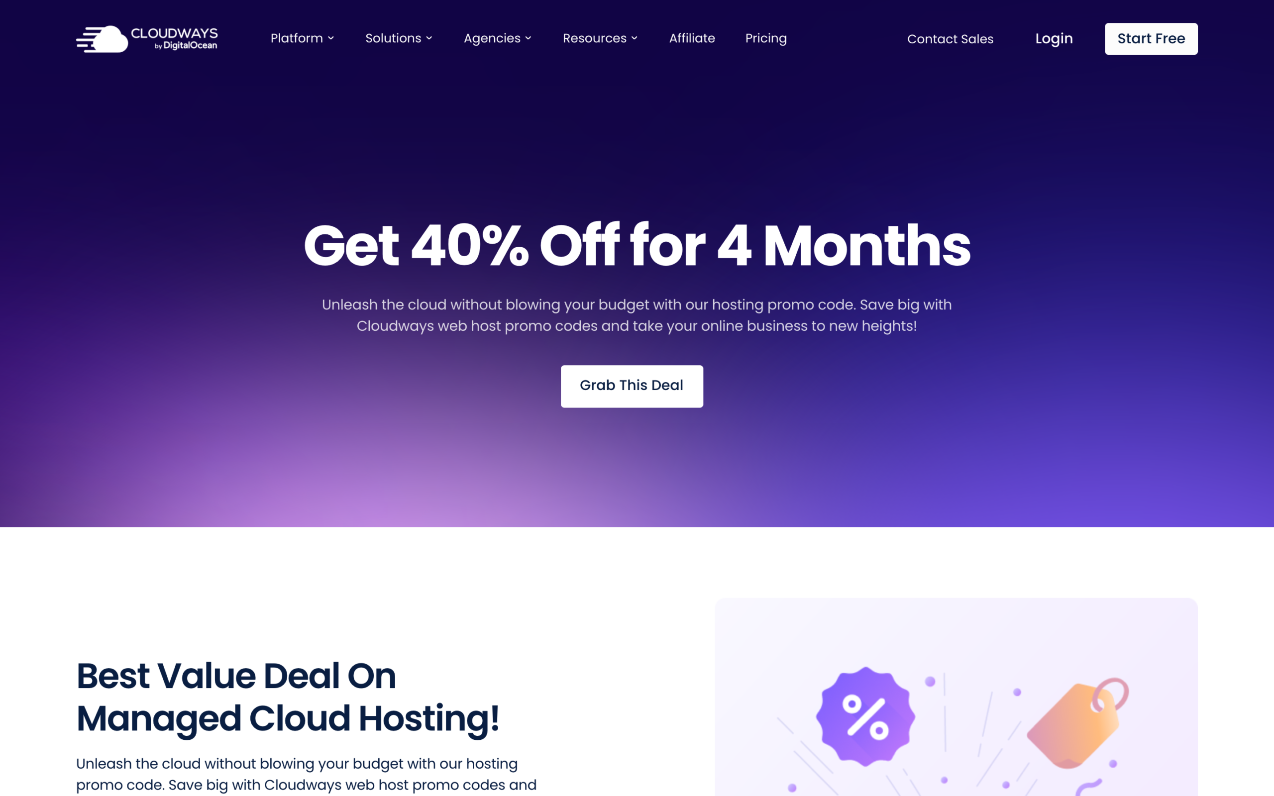 Cloudways Promo Code 2026, 40% Off for 4 Months (TREAT26) Cloudways promo code page offering 40% off for 4 months