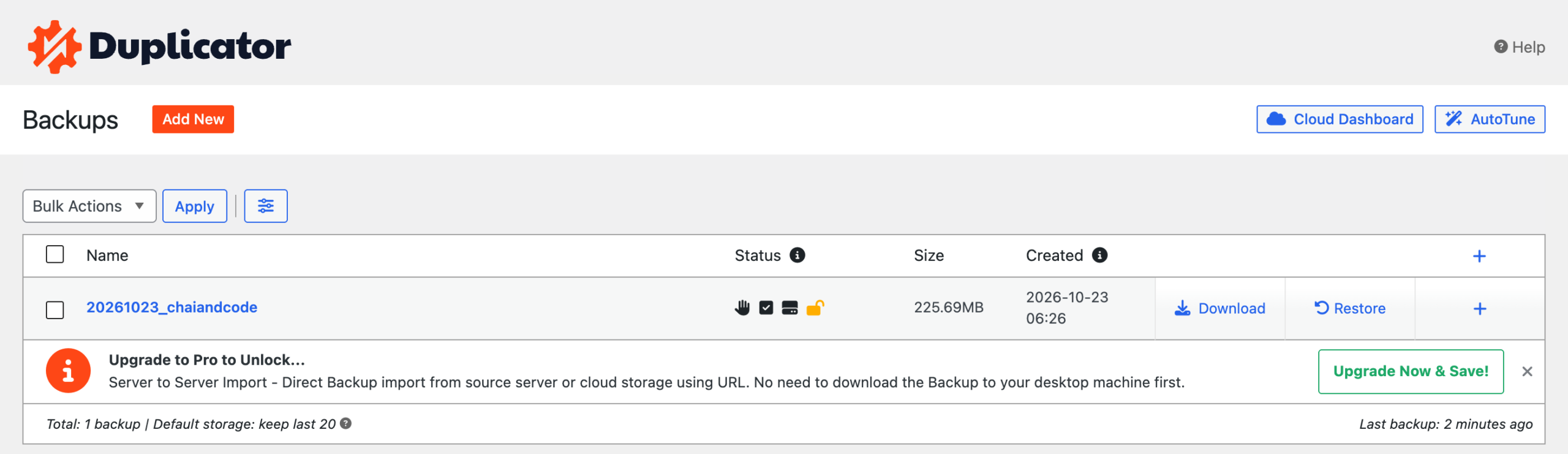 Duplicator Backups screen with a finished 225.69 MB backup and Download and Restore buttons