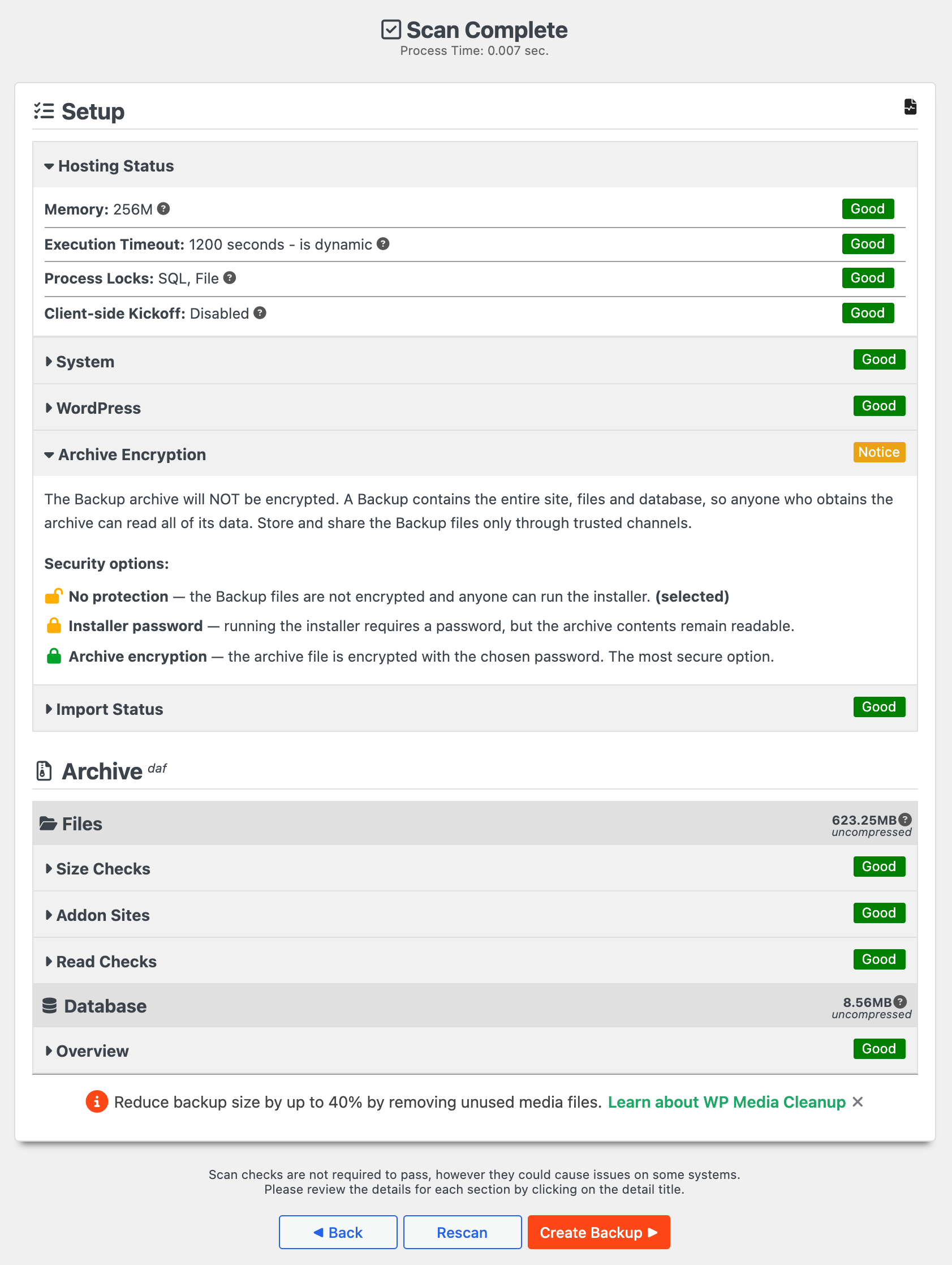 Duplicator new backup scan with hosting checks, archive encryption options and site size before building