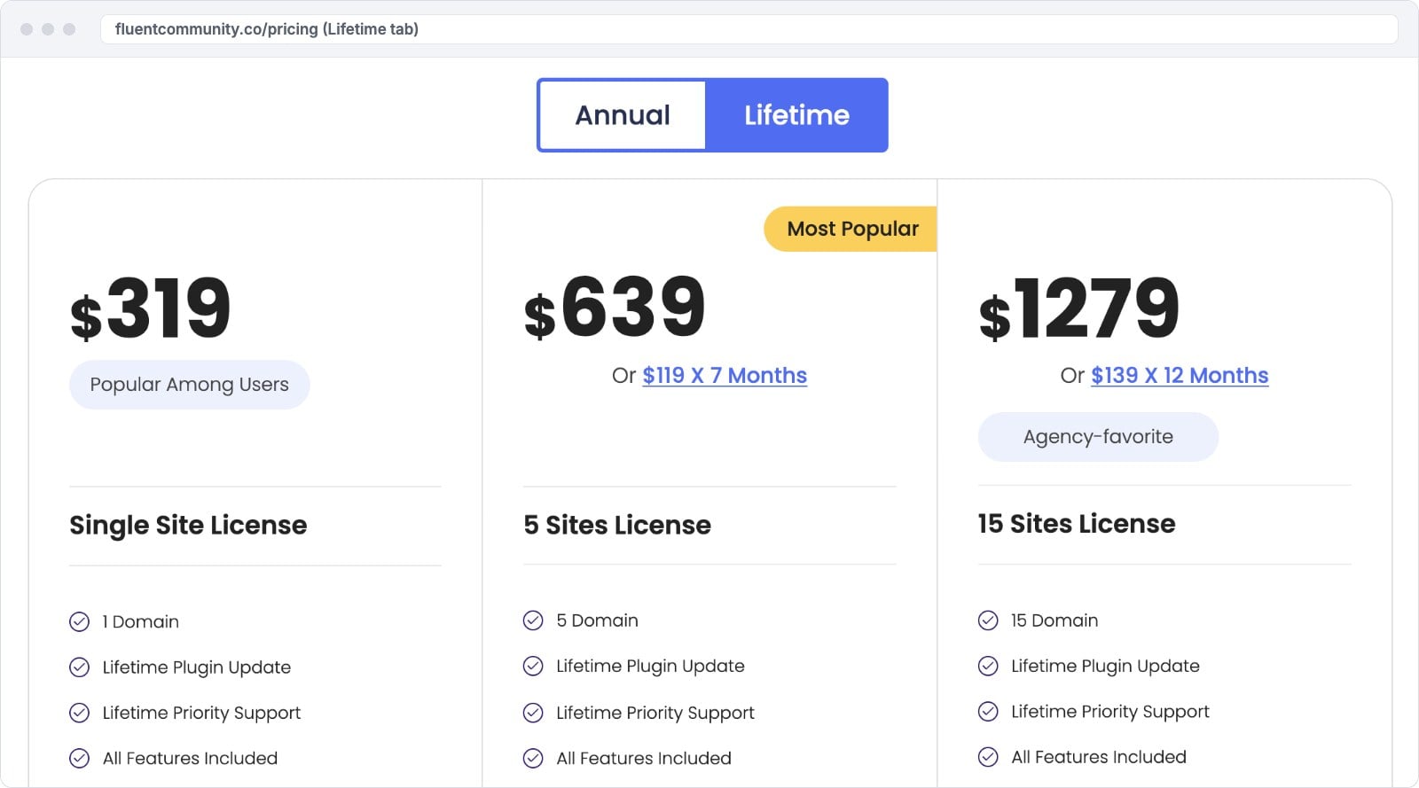 Fluent Black Friday 2026, Every WPManageNinja Plugin Deal and Lifetime Price FluentCommunity lifetime licence prices for 1, 5 and 15 sites