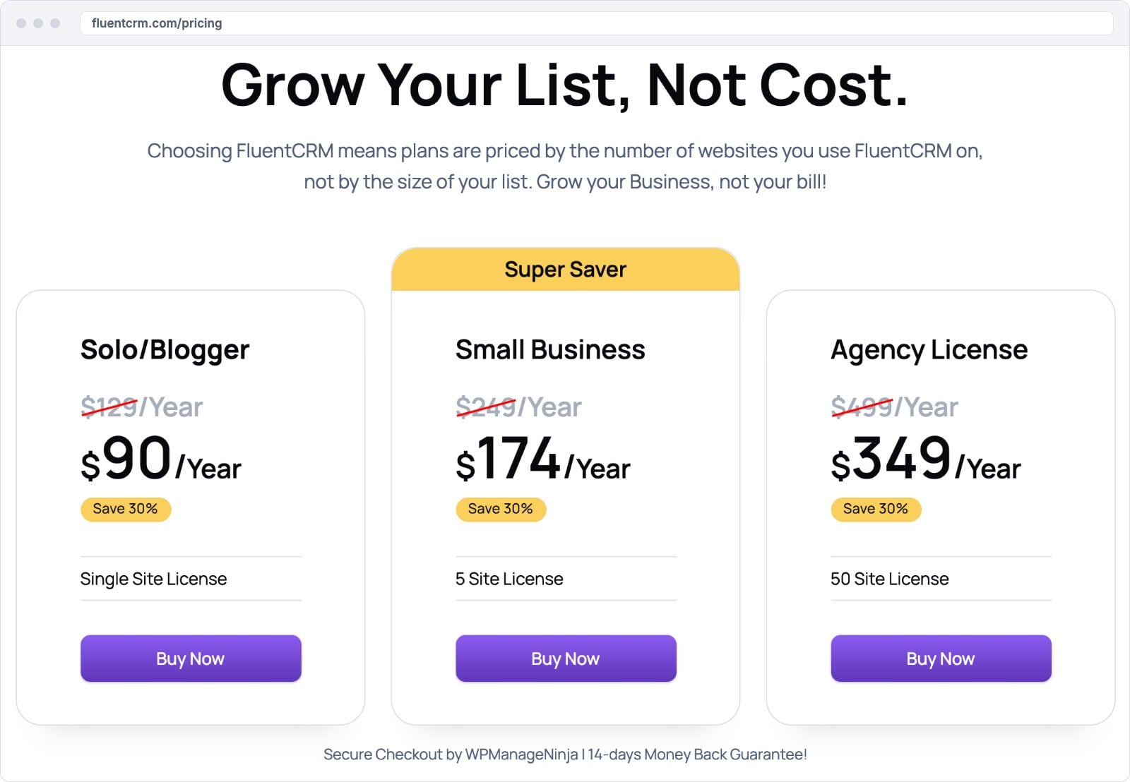 Fluent Black Friday 2026, Every WPManageNinja Plugin Deal and Lifetime Price FluentCRM yearly plans priced per site for 1, 5 and 50 sites with the first year discount