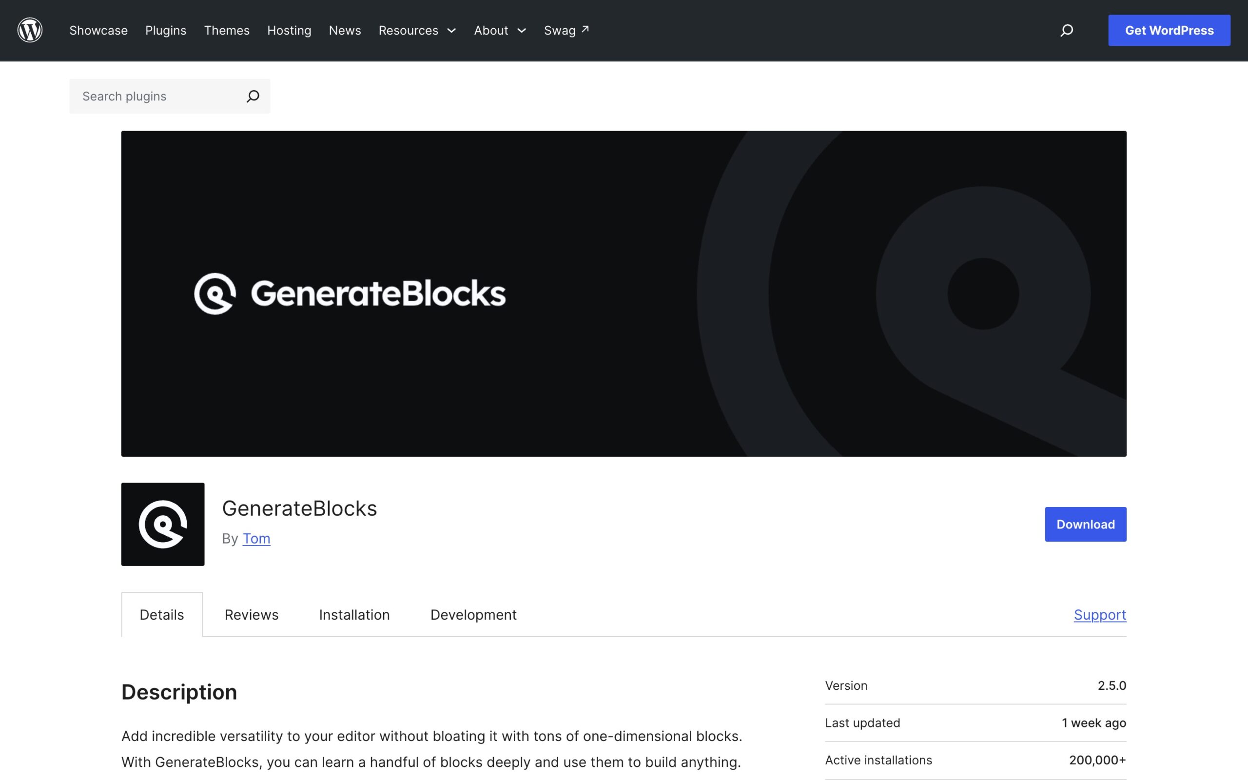 GenerateBlocks plugin on WordPress.org with 200,000+ active installations