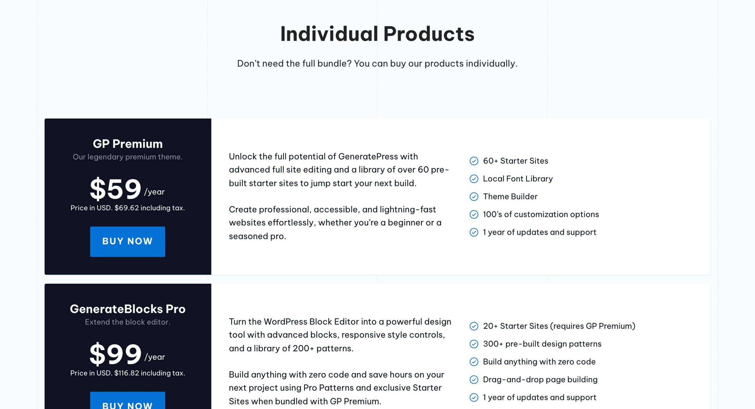 GP Premium $59 a year and GenerateBlocks Pro $99 a year pricing