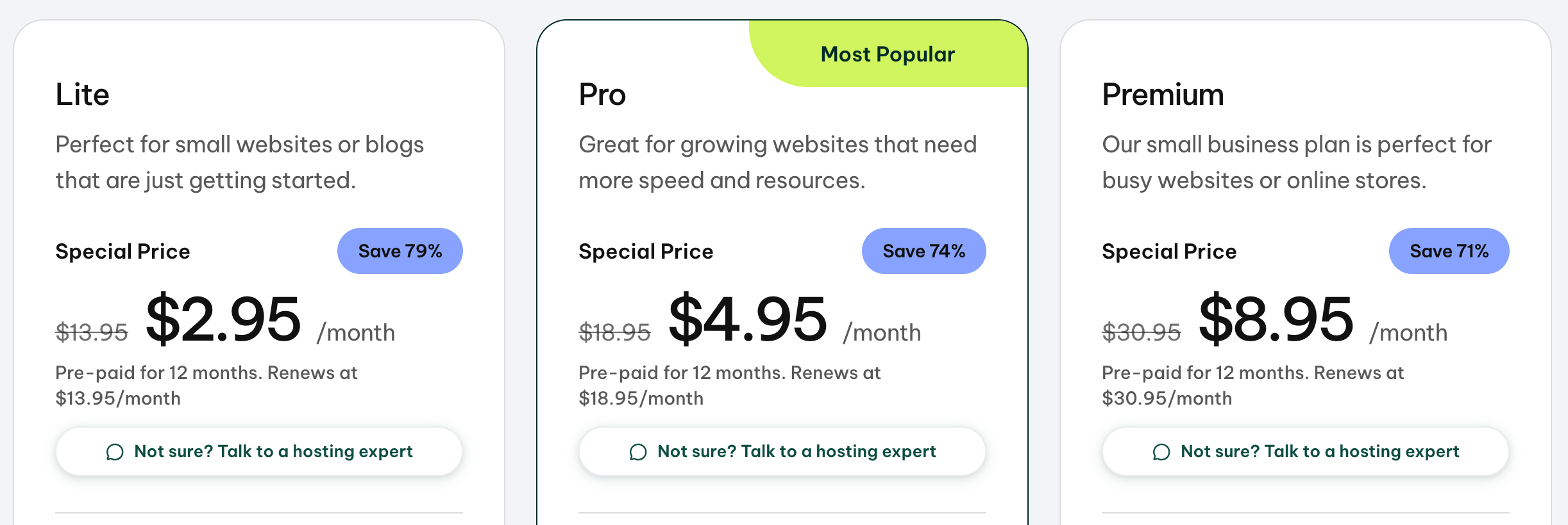 GreenGeeks Lite, Pro and Premium plan cards at $2.95, $4.95 and $8.95 a month, prepaid for 12 months, with renewal prices