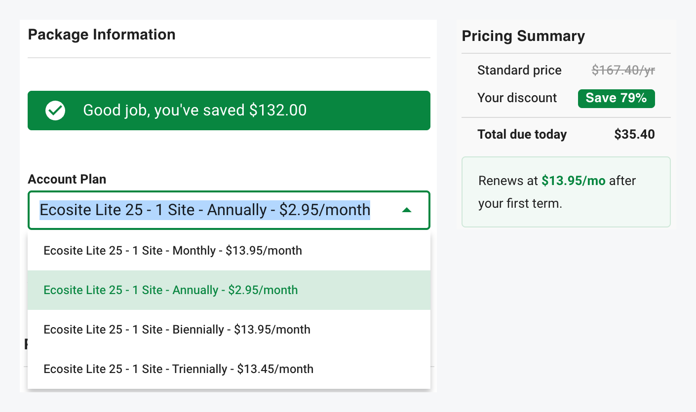 GreenGeeks checkout showing only the annual term discounted to $2.95 a month and a $35.40 total due today