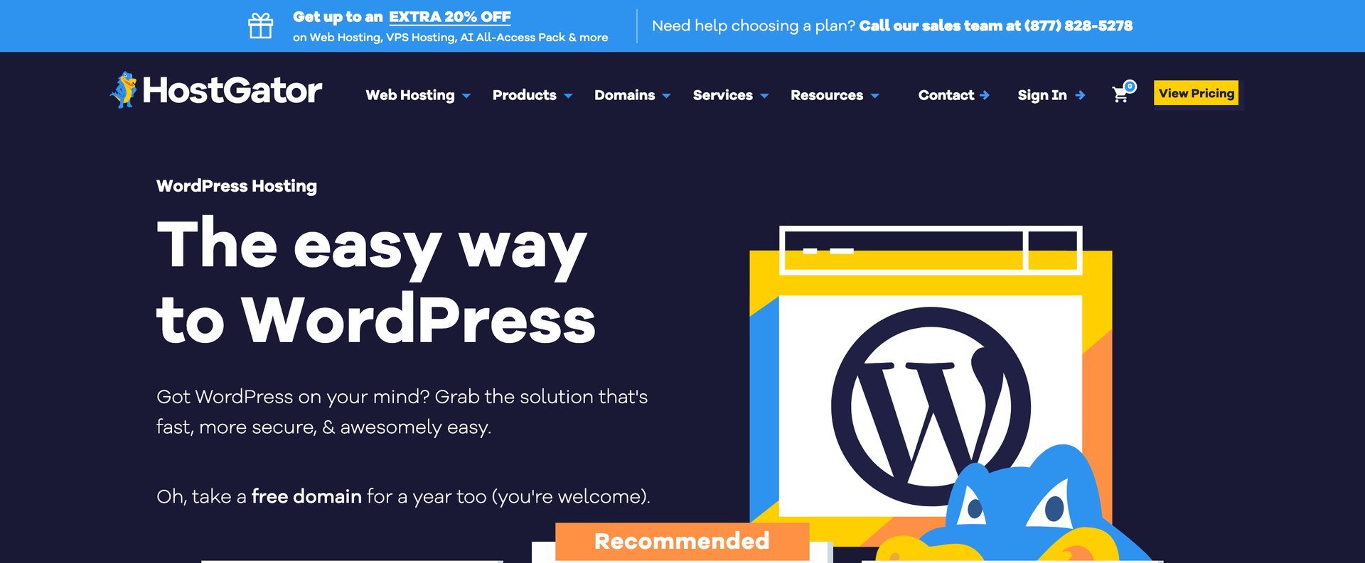 HostGator WordPress hosting page in 2026 with a site banner offering up to an extra 20 percent off