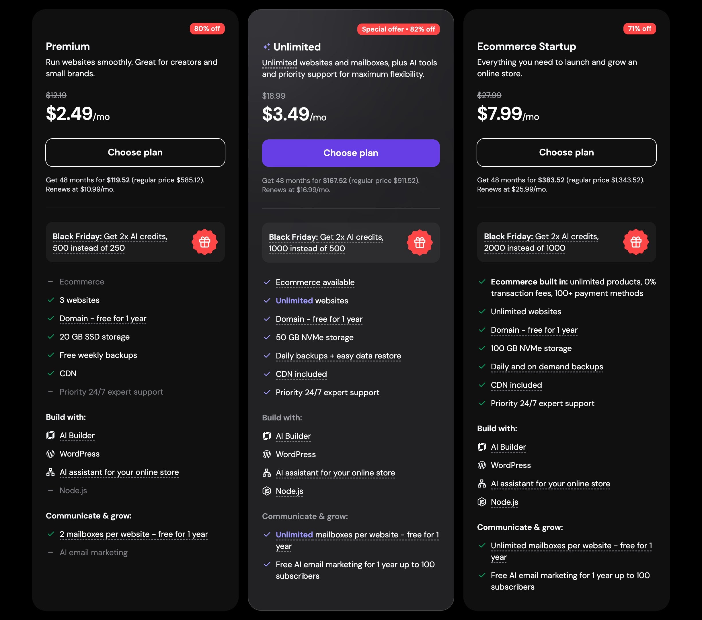 Hostinger Black Friday 2026 web hosting prices: Premium at $2.49, Unlimited at $3.49 and Ecommerce Startup at $7.99 per month on the 48 month term
